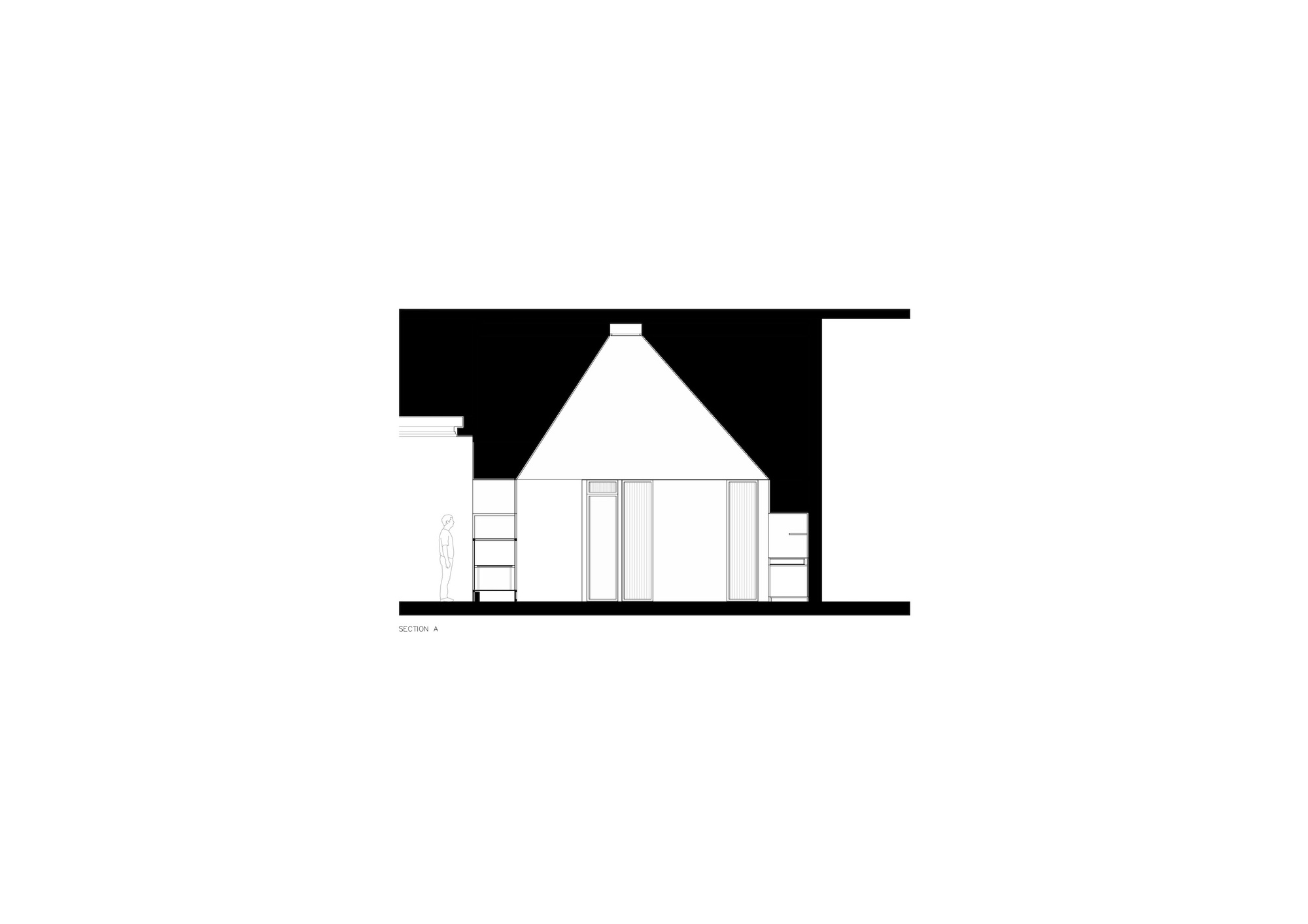 Section drawing showing the pitched roof volume and interior spatial relationship of the triangular office