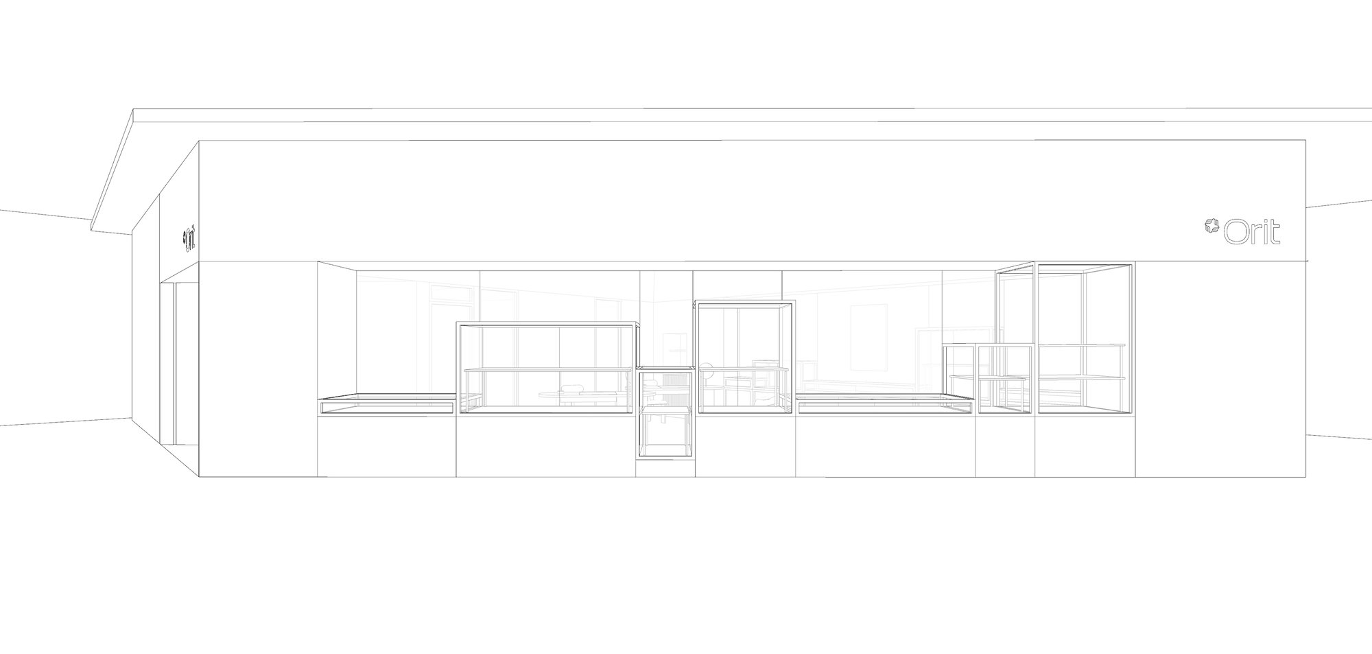 Elevation drawing showing the glazed facade with gridded windows and a central entry door