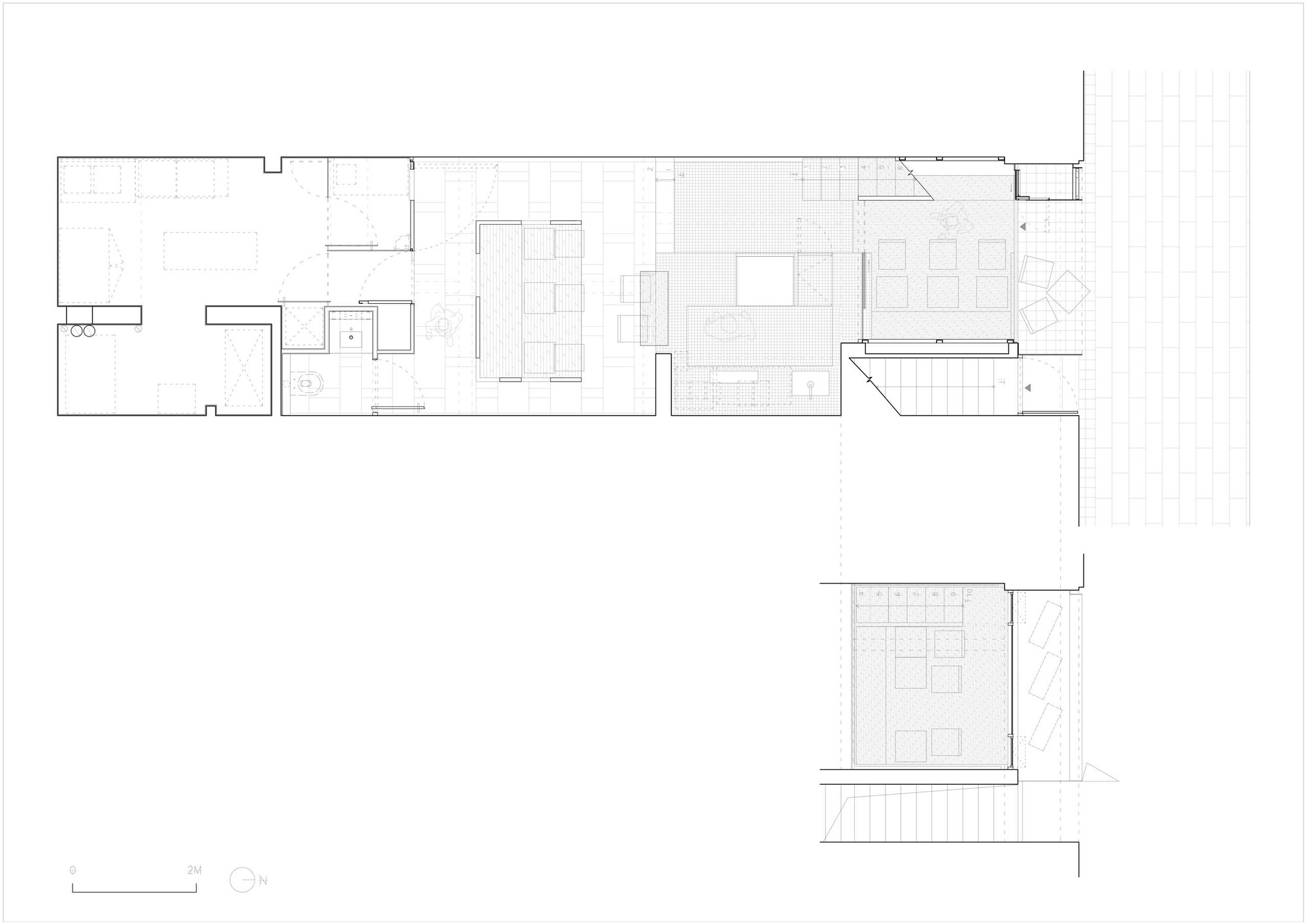 Floor plan drawing showing a linear layout with dining area and outdoor terrace