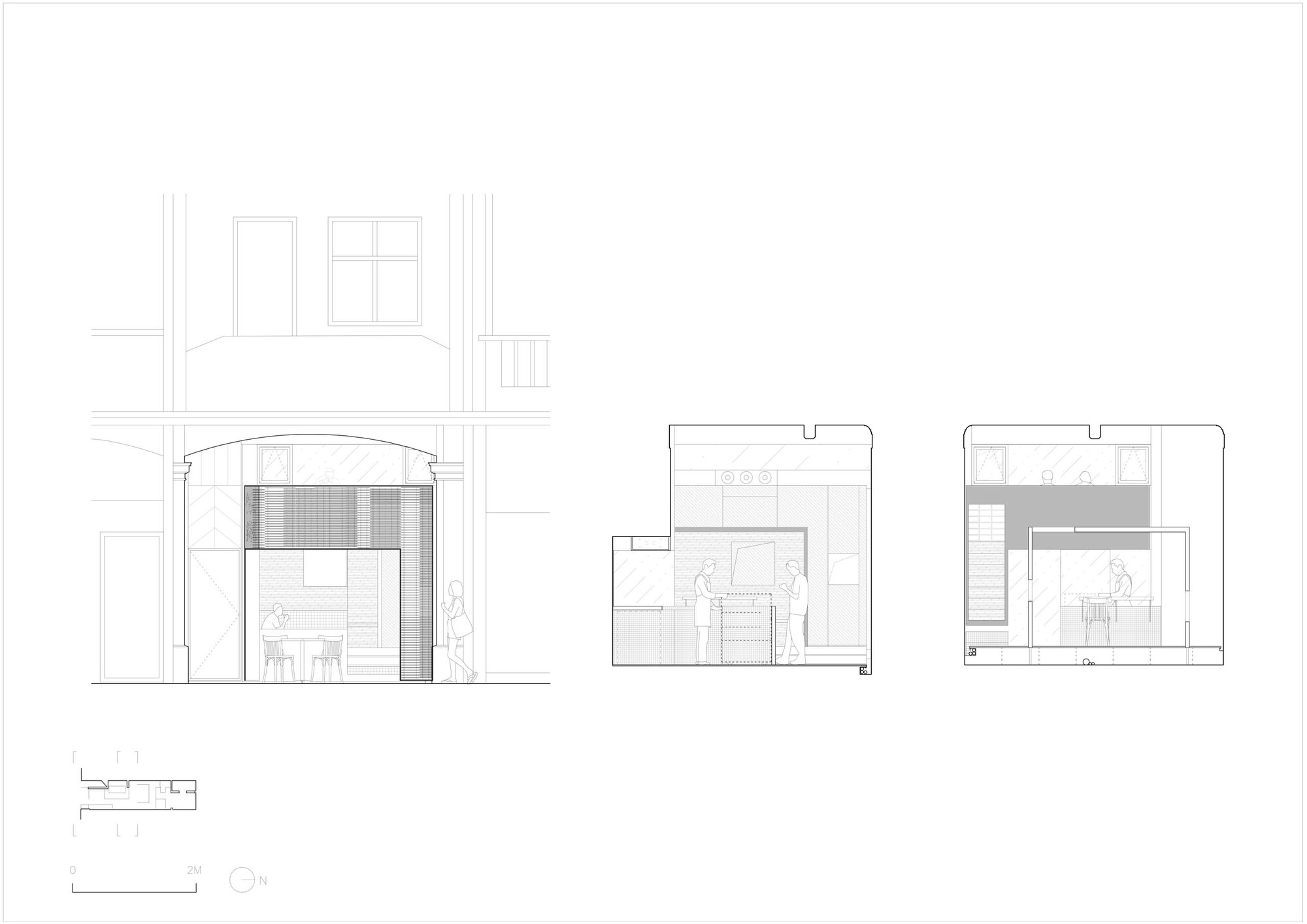 Elevation and section drawings showing the insertion of new volumes within an existing building