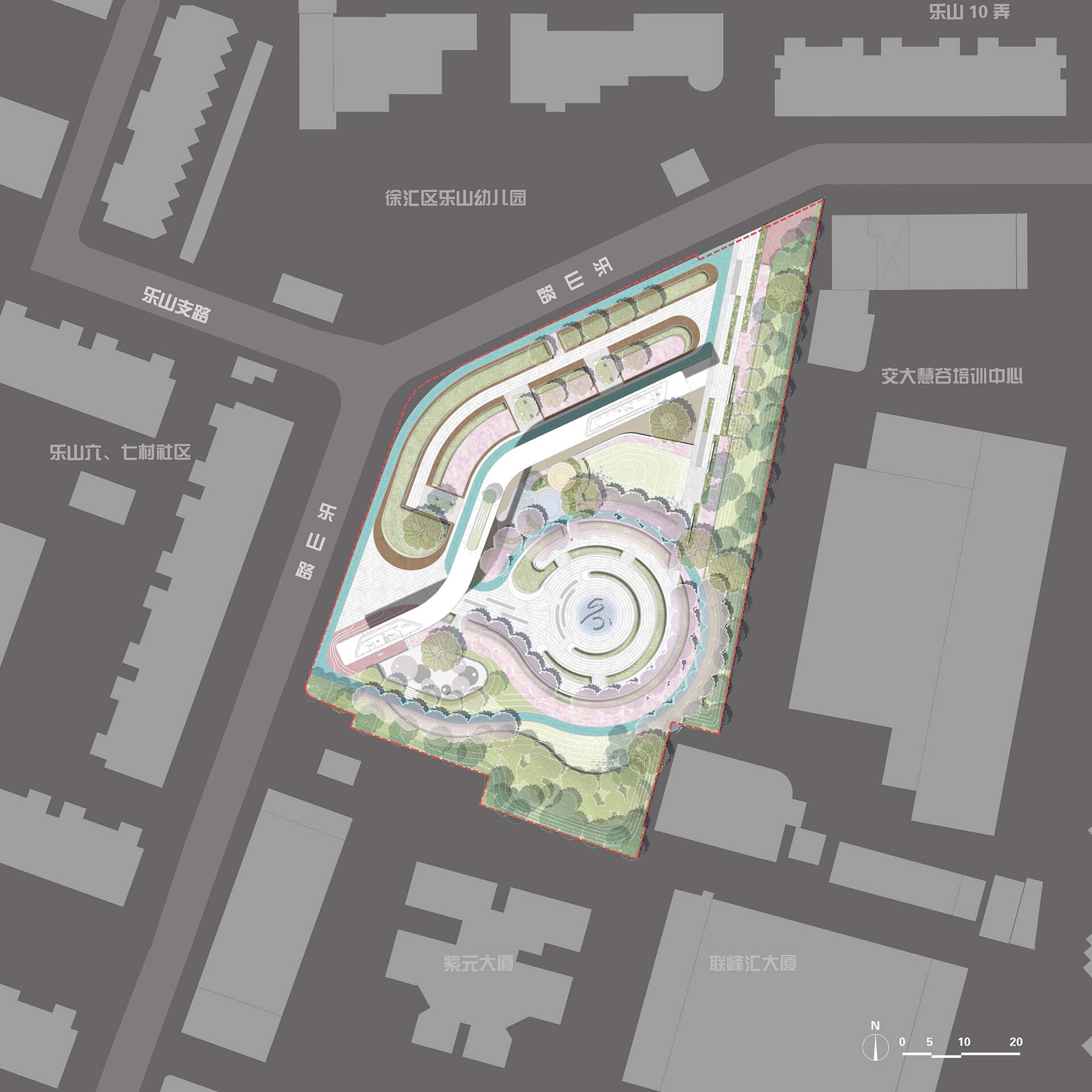 Master plan drawing showing the curving landscaped plaza within the wedge-shaped site and adjacent urban blocks