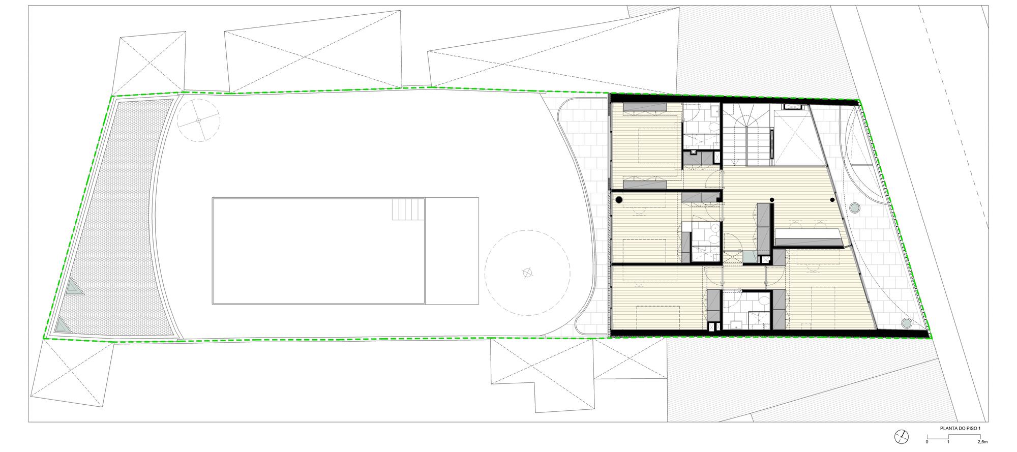 First floor plan showing bedroom suites, terrace and double-height void above the pool