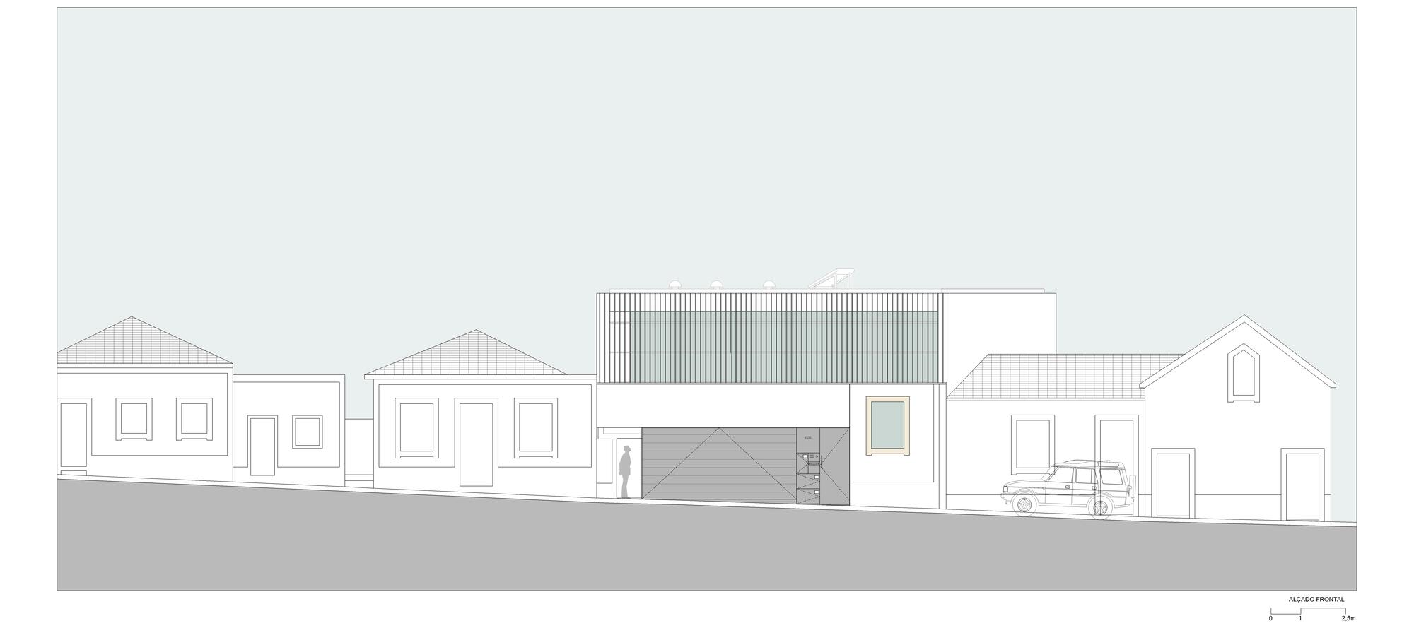 Street elevation drawing showing a corrugated metal upper volume inserted between neighboring pitched-roof houses