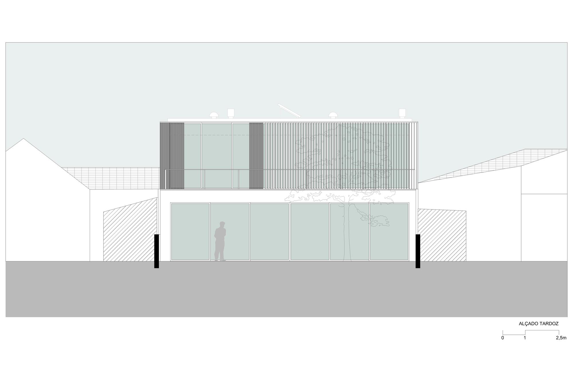 Rear elevation drawing depicting glazed lower floor and corrugated metal upper volume with figure silhouette