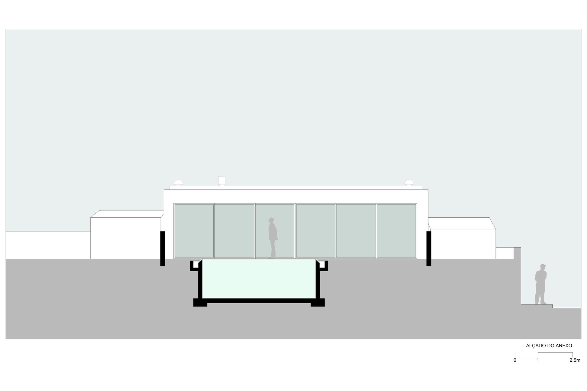 Cross section drawing showing glazed pavilion with cantilevered floor plate and figure for scale
