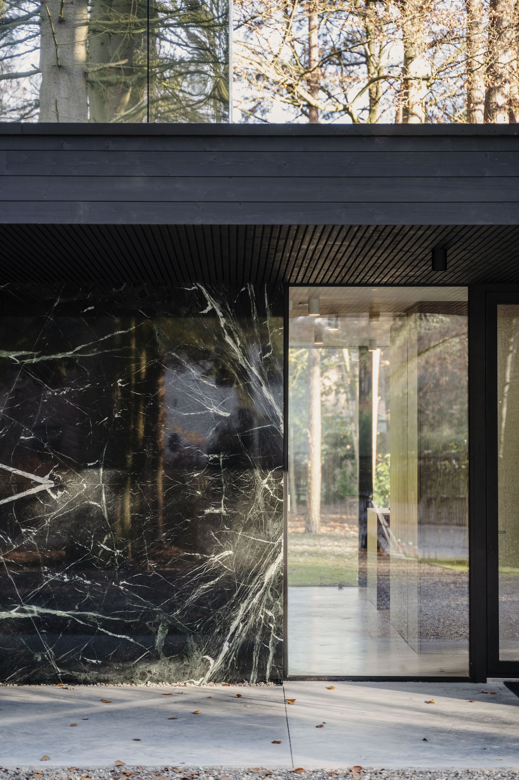 Black marble veneer facade with sliding glass door framed by autumn trees and gravel patio