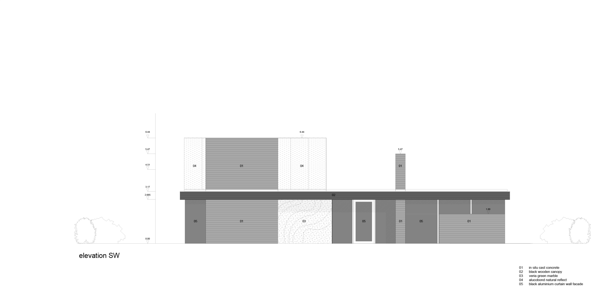 Southwest elevation drawing illustrating entry sequence and material zones with vertical chimney element