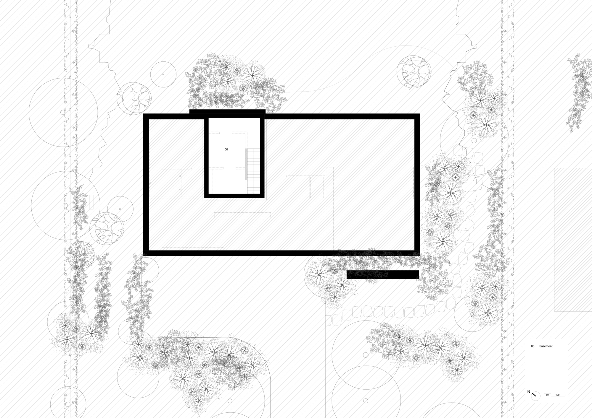 Upper floor plan drawing showing rectangular footprint with central stair core and landscape beyond