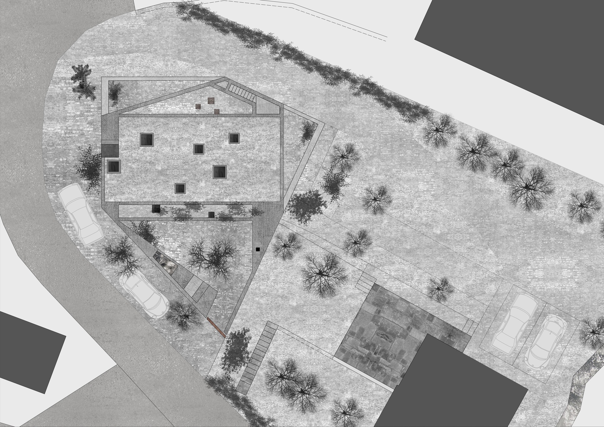 Aerial plan view showing the pentagonal structure surrounded by planted trees and parking areas