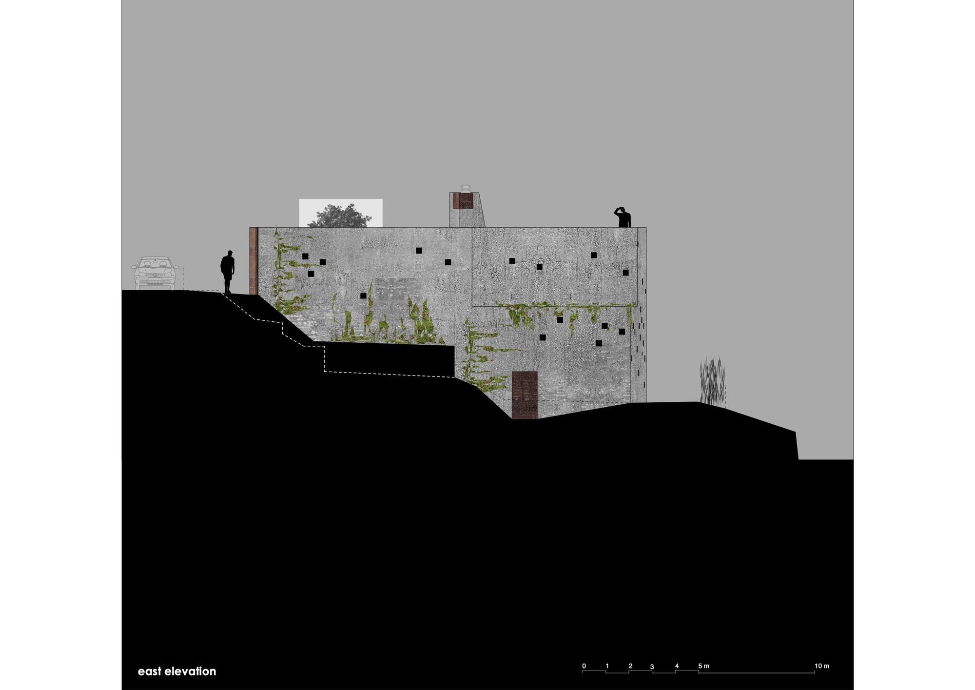 East elevation drawing depicting the concrete facade with square windows and sloping terrain