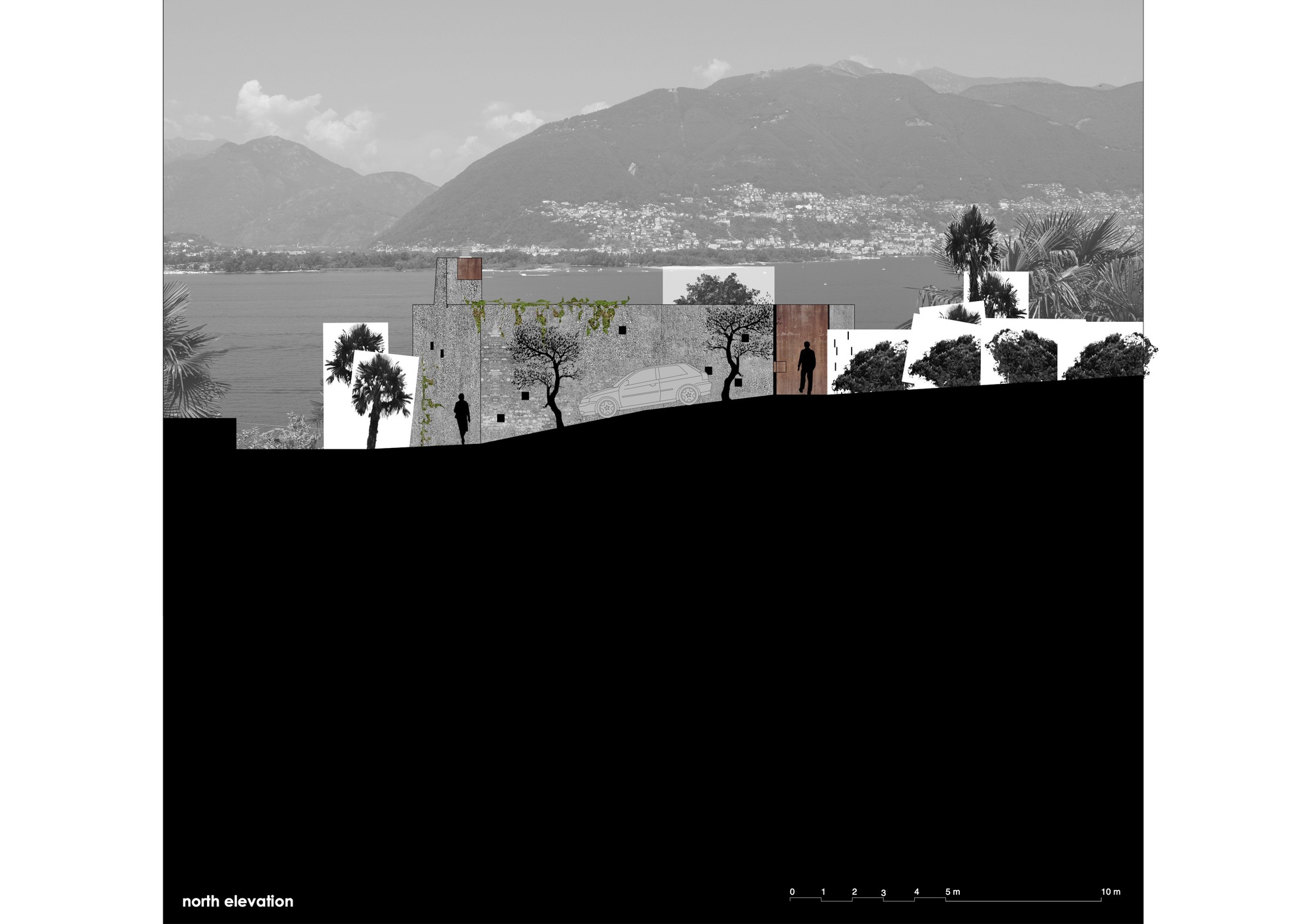 North elevation drawing showing perforated concrete volumes with palms against a lake and mountain backdrop
