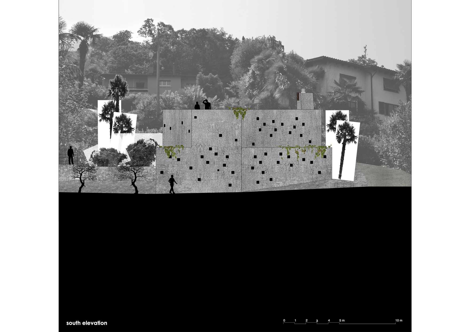 South elevation drawing depicting the punctured facade with scattered square openings and figures walking below