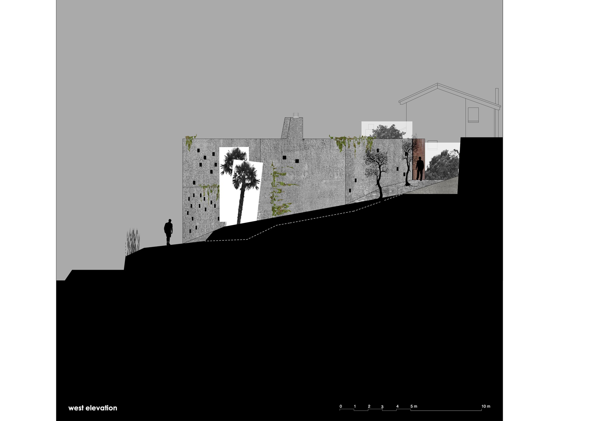 West elevation drawing showing the concrete wall on sloping terrain with a single figure ascending