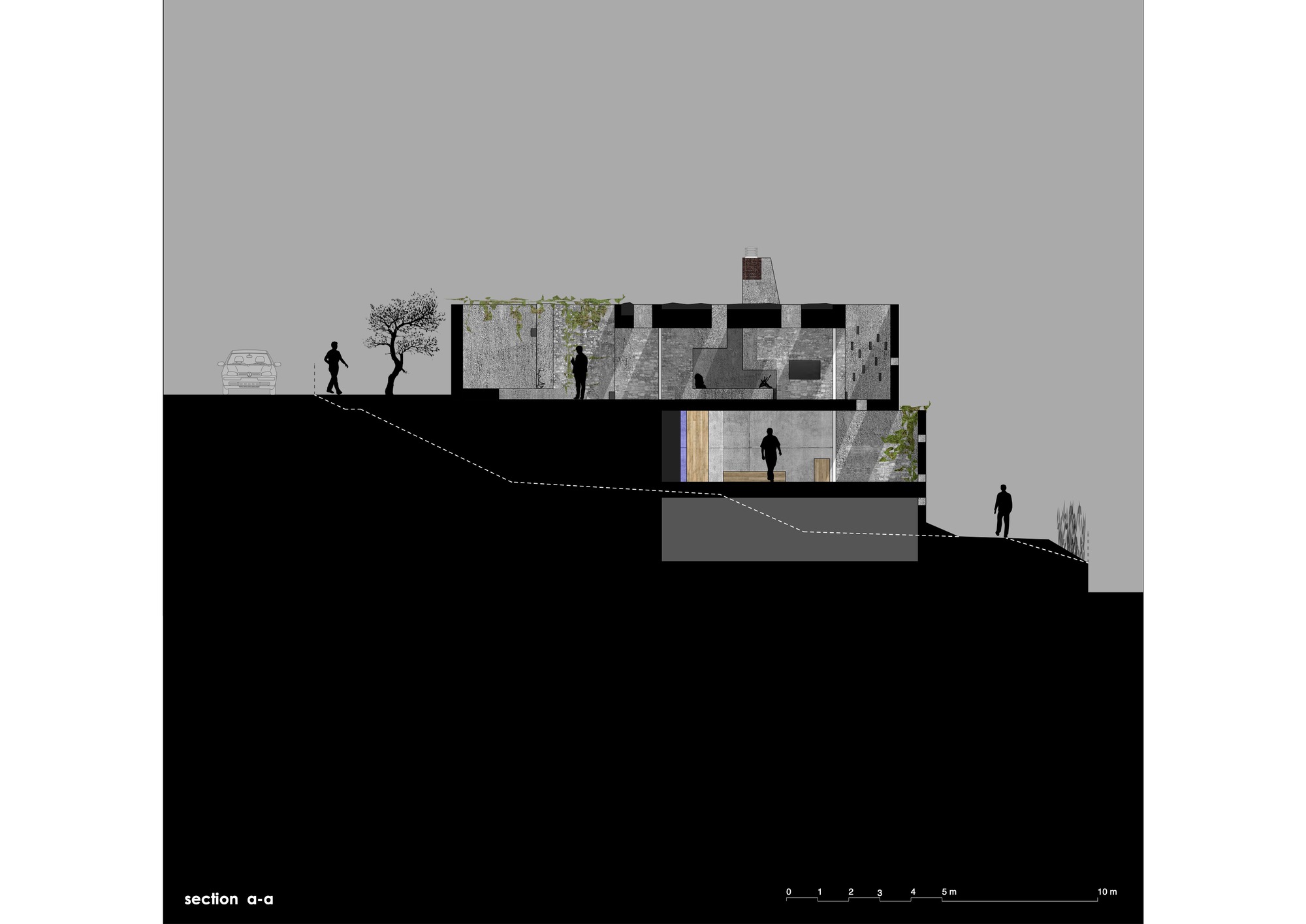 Section drawing revealing split-level interior spaces carved into the hillside with planted terraces