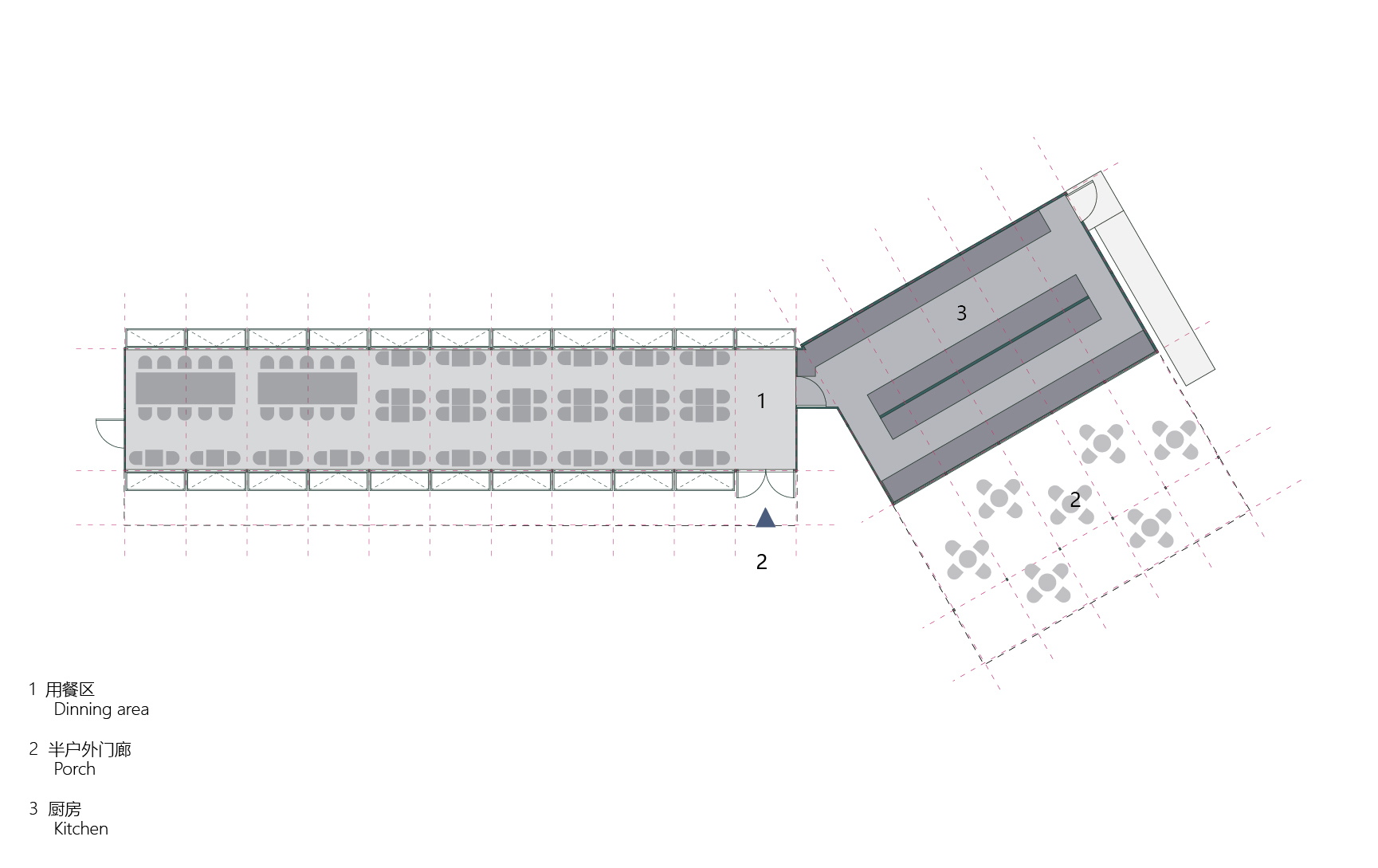 Floor plan drawing of a dining pavilion with rows of tables and an angled kitchen wing
