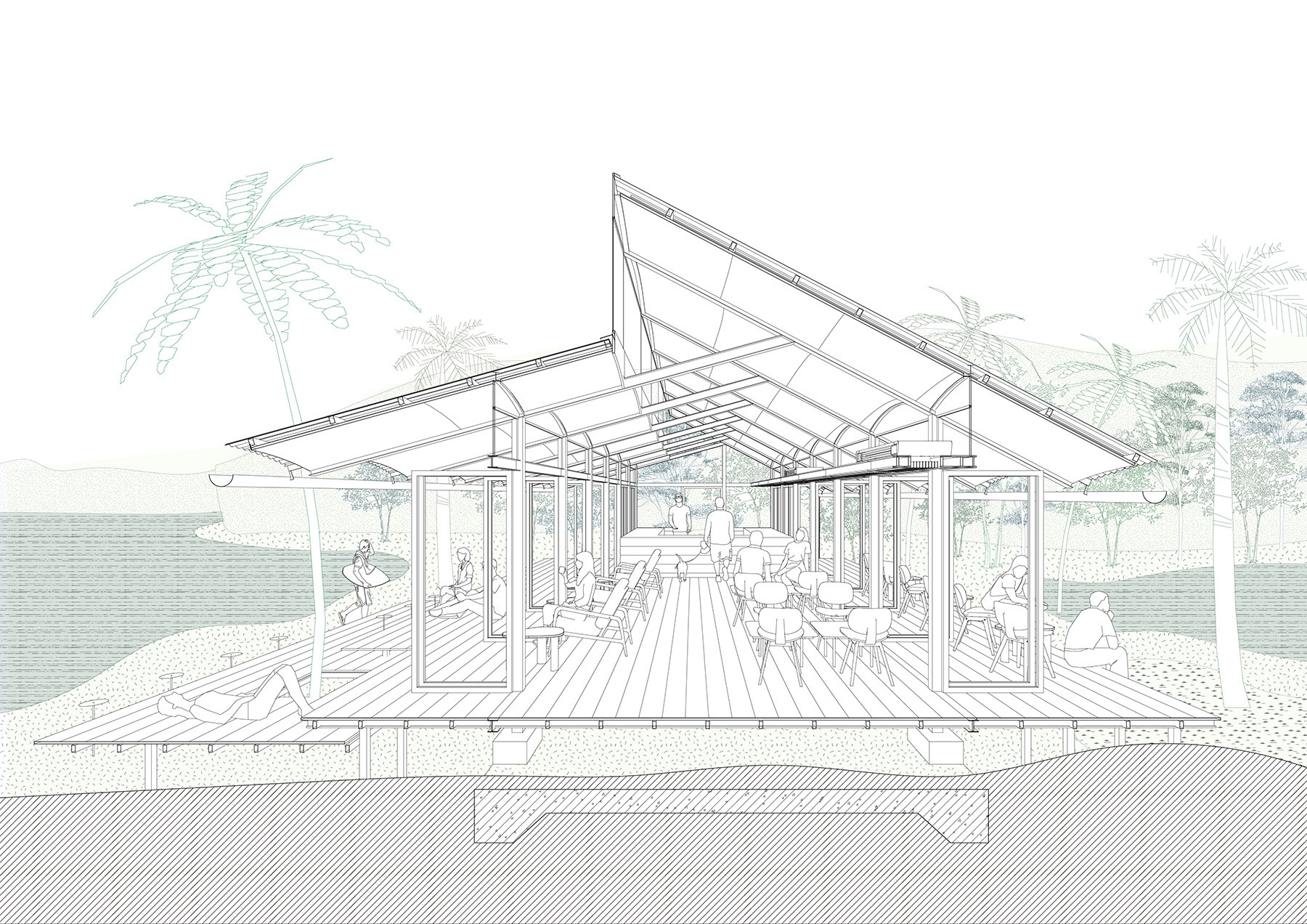Section drawing showing the exposed steel frame and peaked roof structure over a dining interior with palm trees
