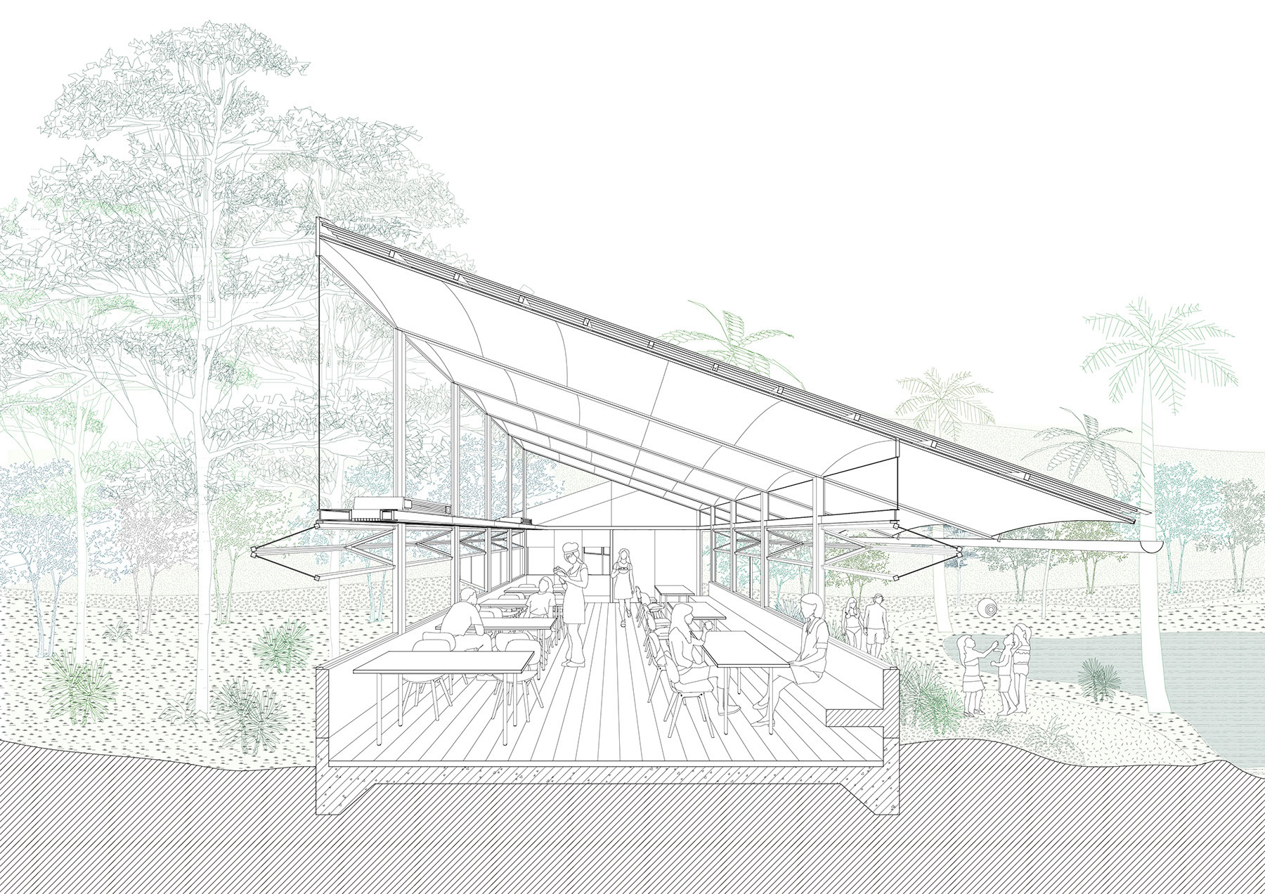 Section drawing revealing the layered roof trusses and open dining hall with waterside landscape beyond