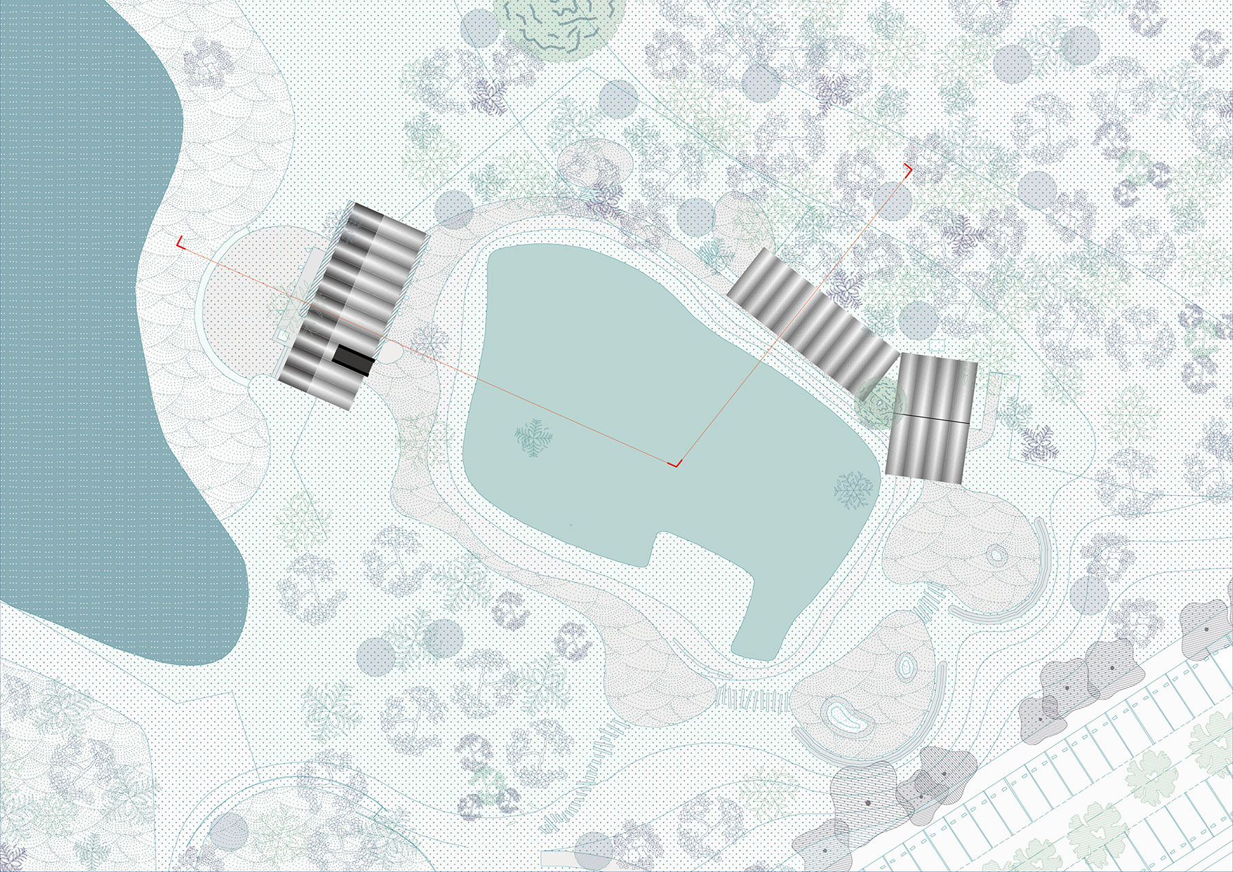 Site plan drawing showing an irregular pool surrounded by striped canopy structures and terraced landscaping