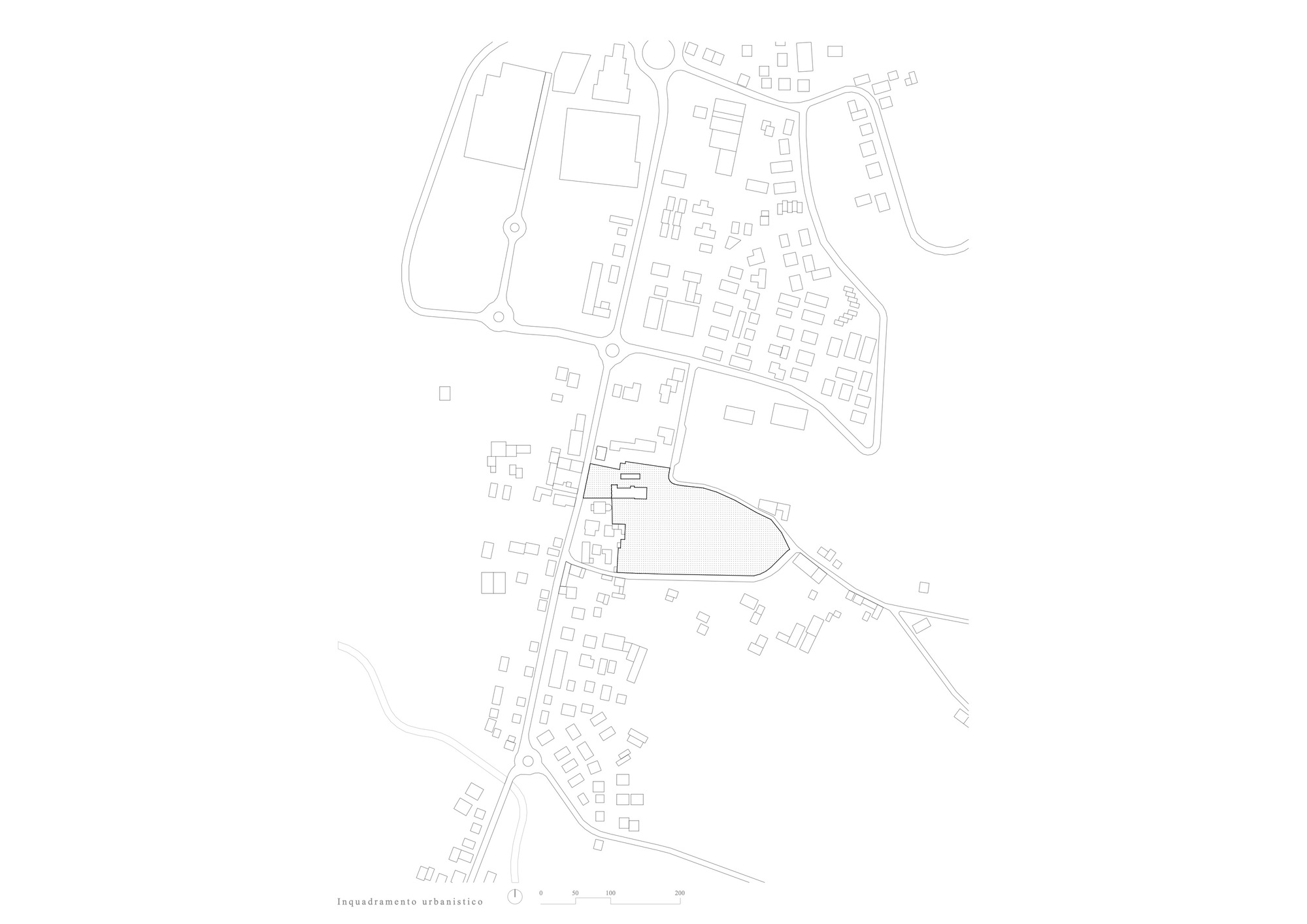 Site plan drawing showing the building footprint and surrounding streets in line work