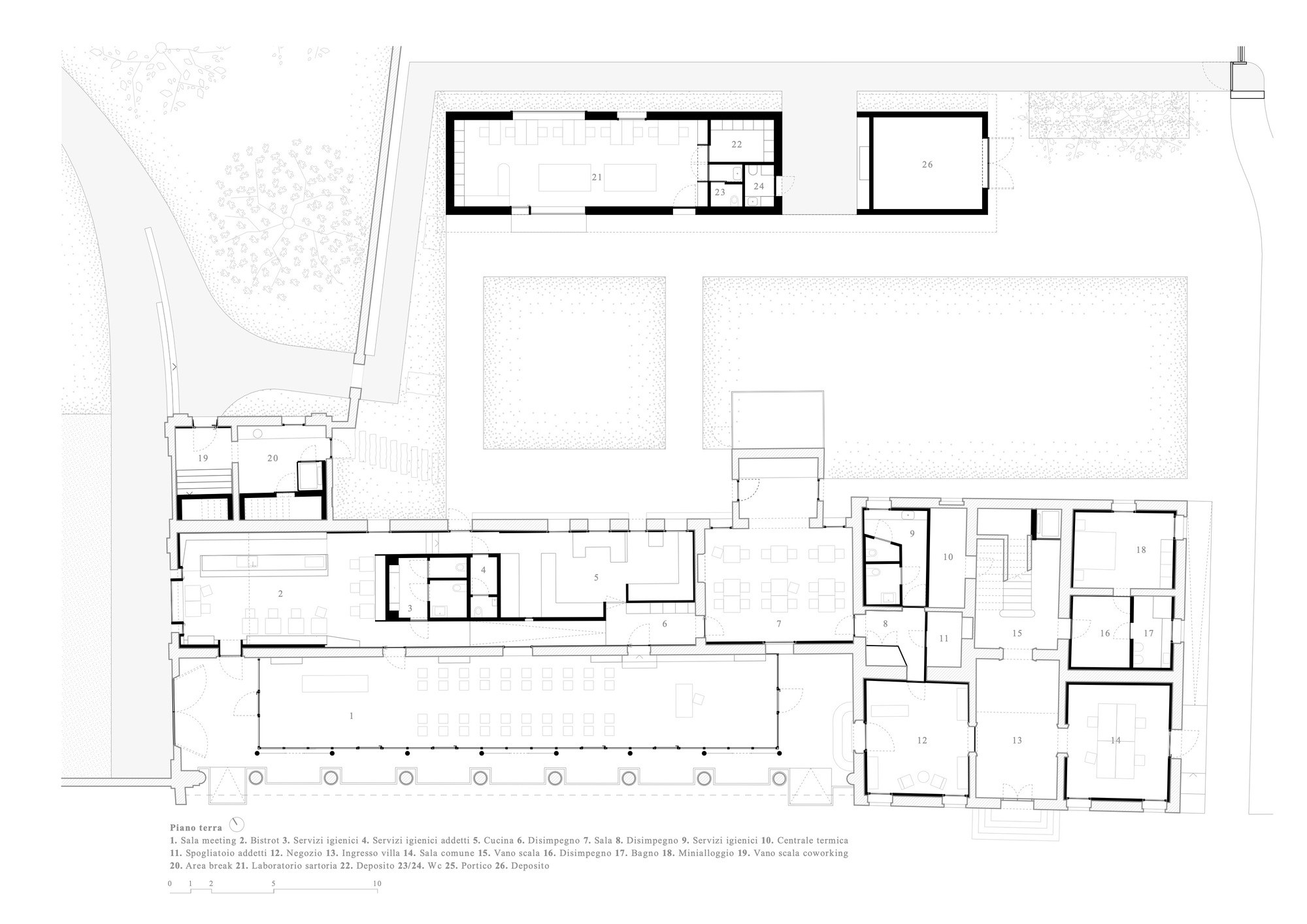 Ground floor plan drawing showing interconnected rooms with a covered colonnade and courtyards