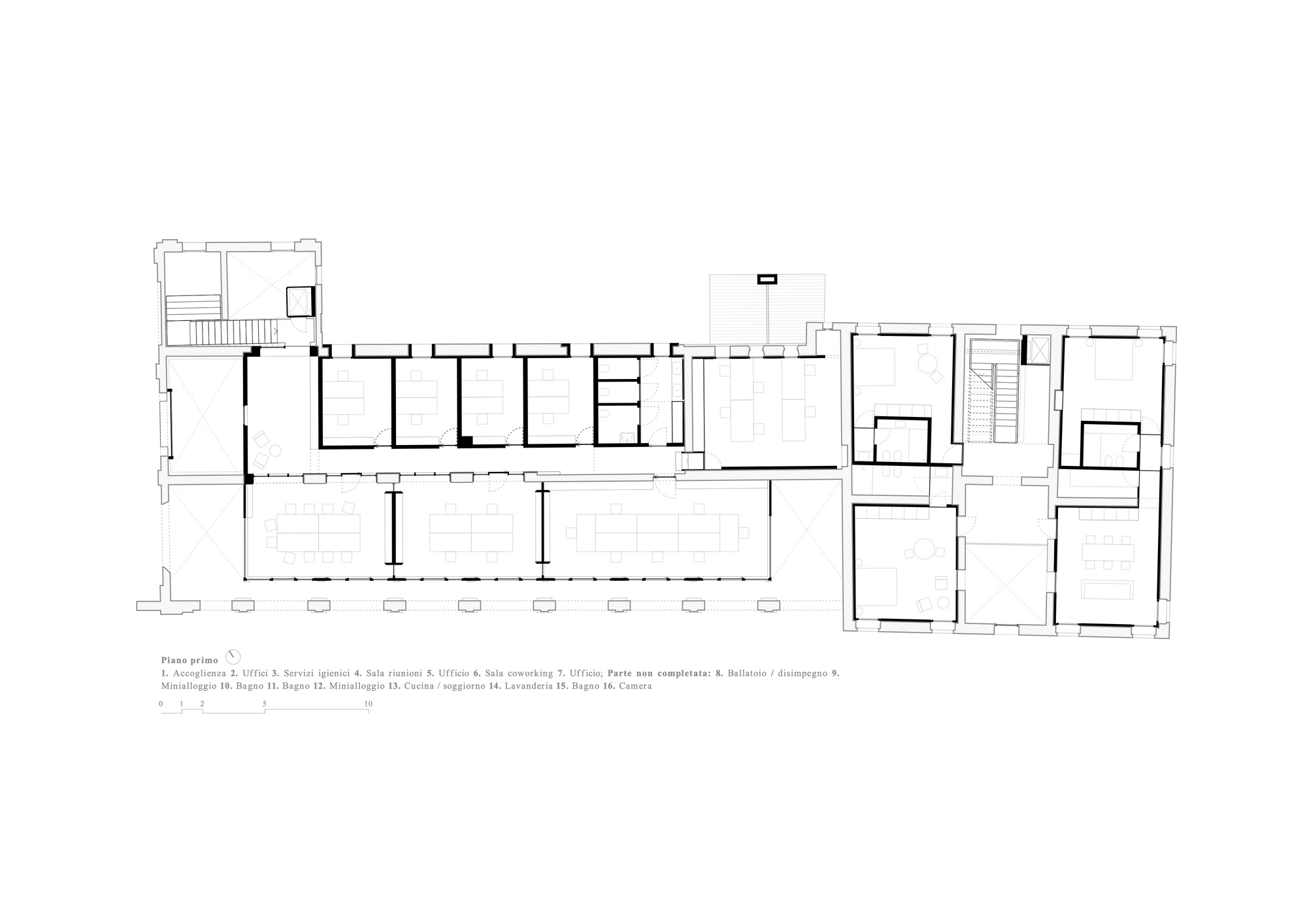 First floor plan drawing showing a long corridor with repeated rooms and open circulation spaces