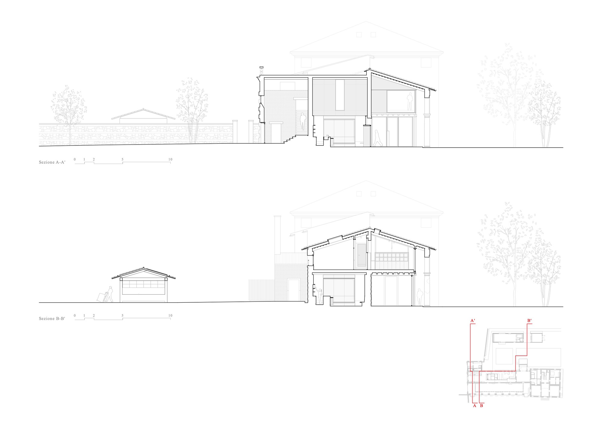 Section drawings through a two-story structure with sloped roof and adjacent outbuilding