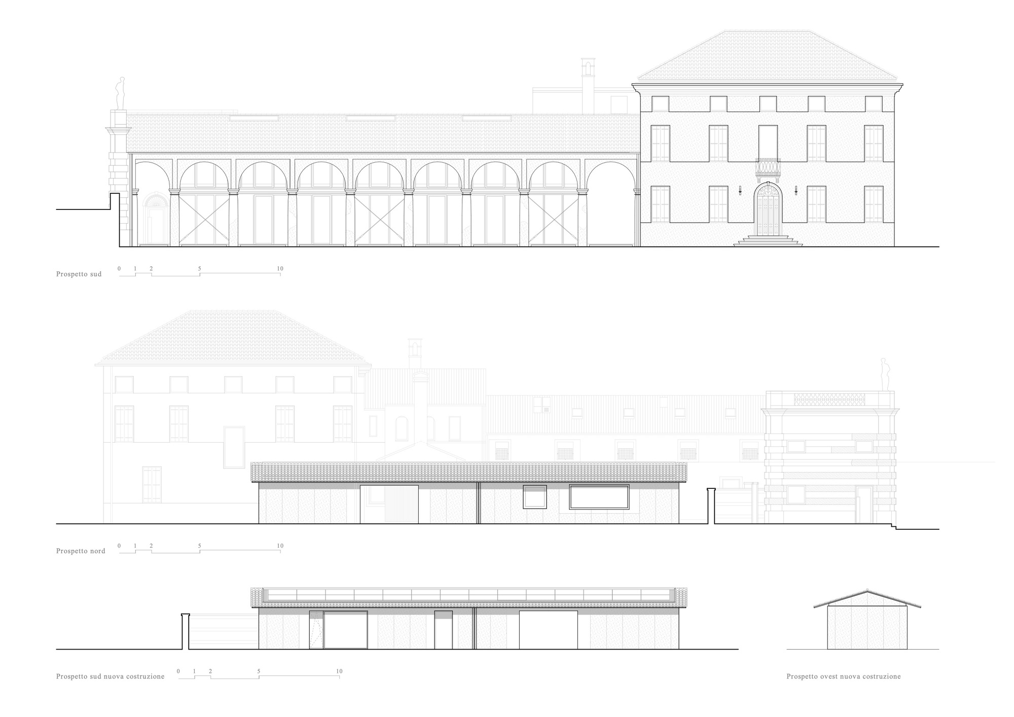 Elevation drawings showing an arcade with arched openings connecting to a multi-story villa