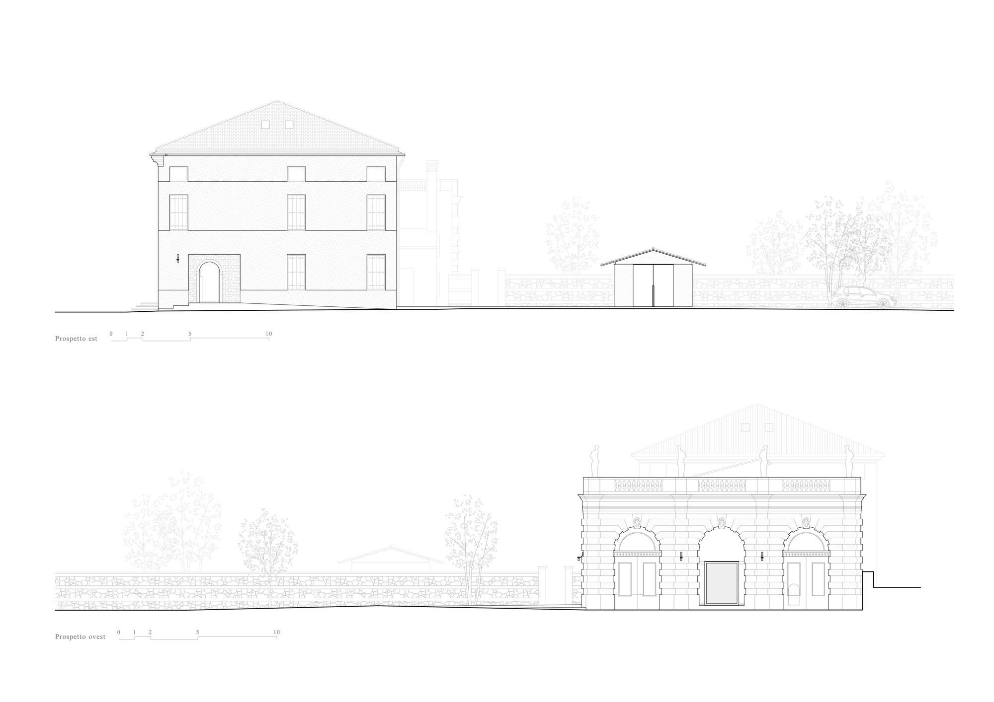 Elevation drawings of a two-story villa with triangular pediment and a detached gabled structure