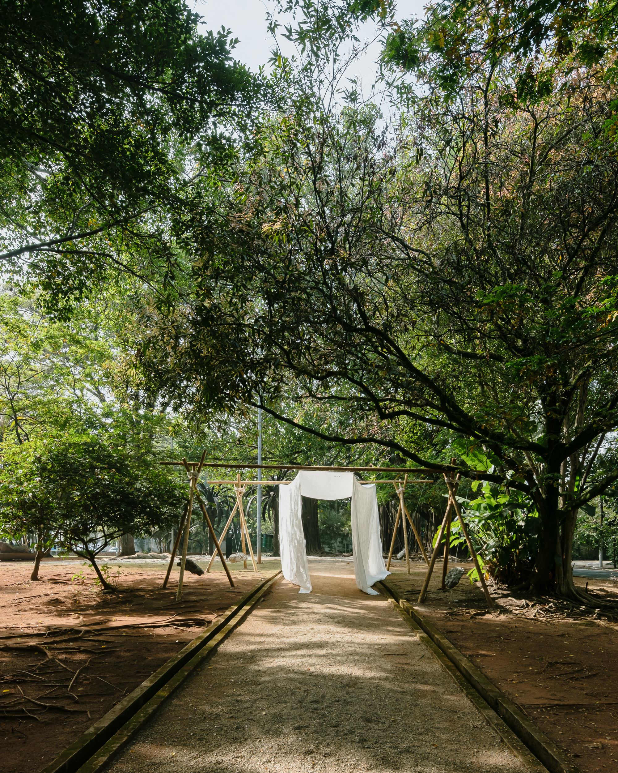 White fabric pavilion supported by bamboo poles under dappled shade in a park clearing