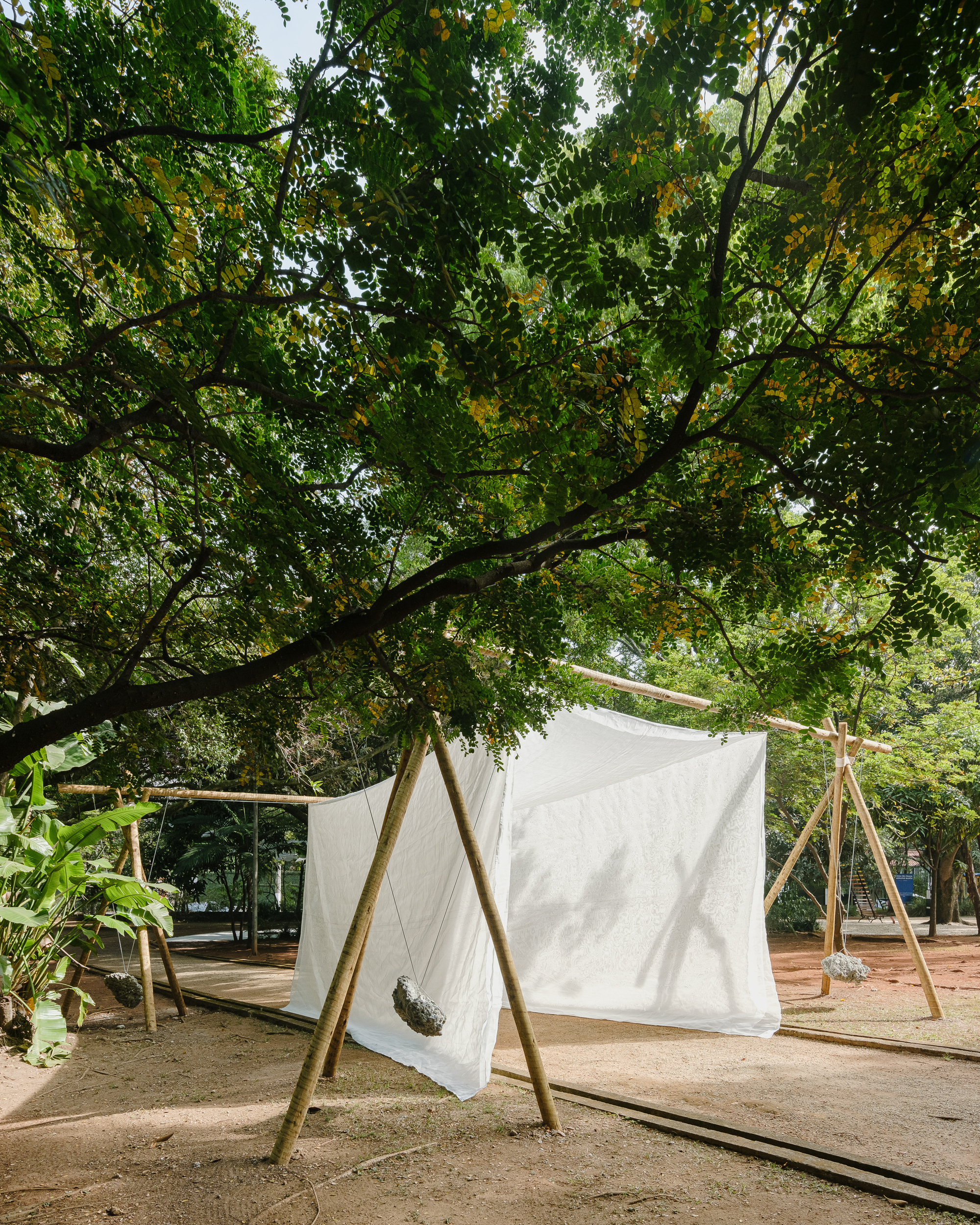 White fabric screens stretched between bamboo tripods under a dense tree canopy