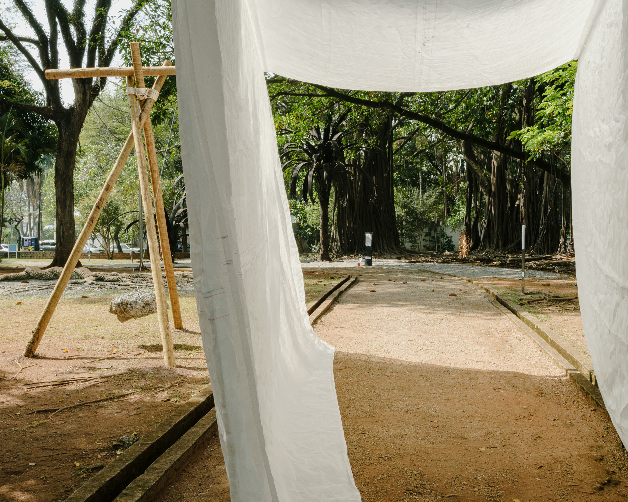 Timber tripod structure and white fabric canopy framing a grove of mature trees beyond the sand platform