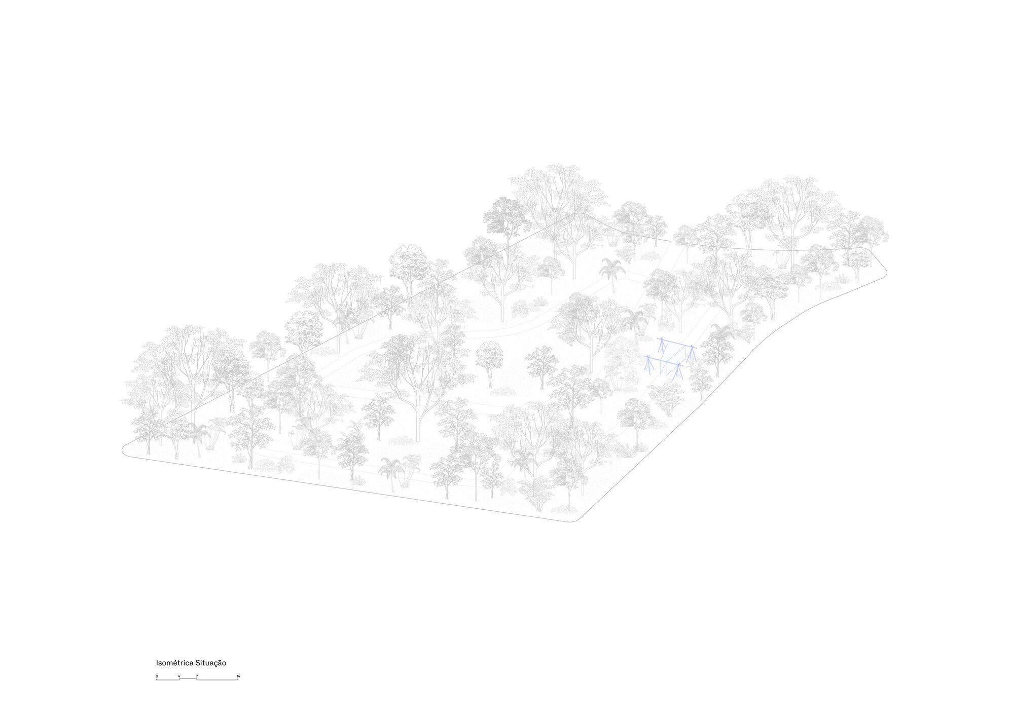 Axonometric drawing showing a wooded site with scattered trees and a small structure in the clearing
