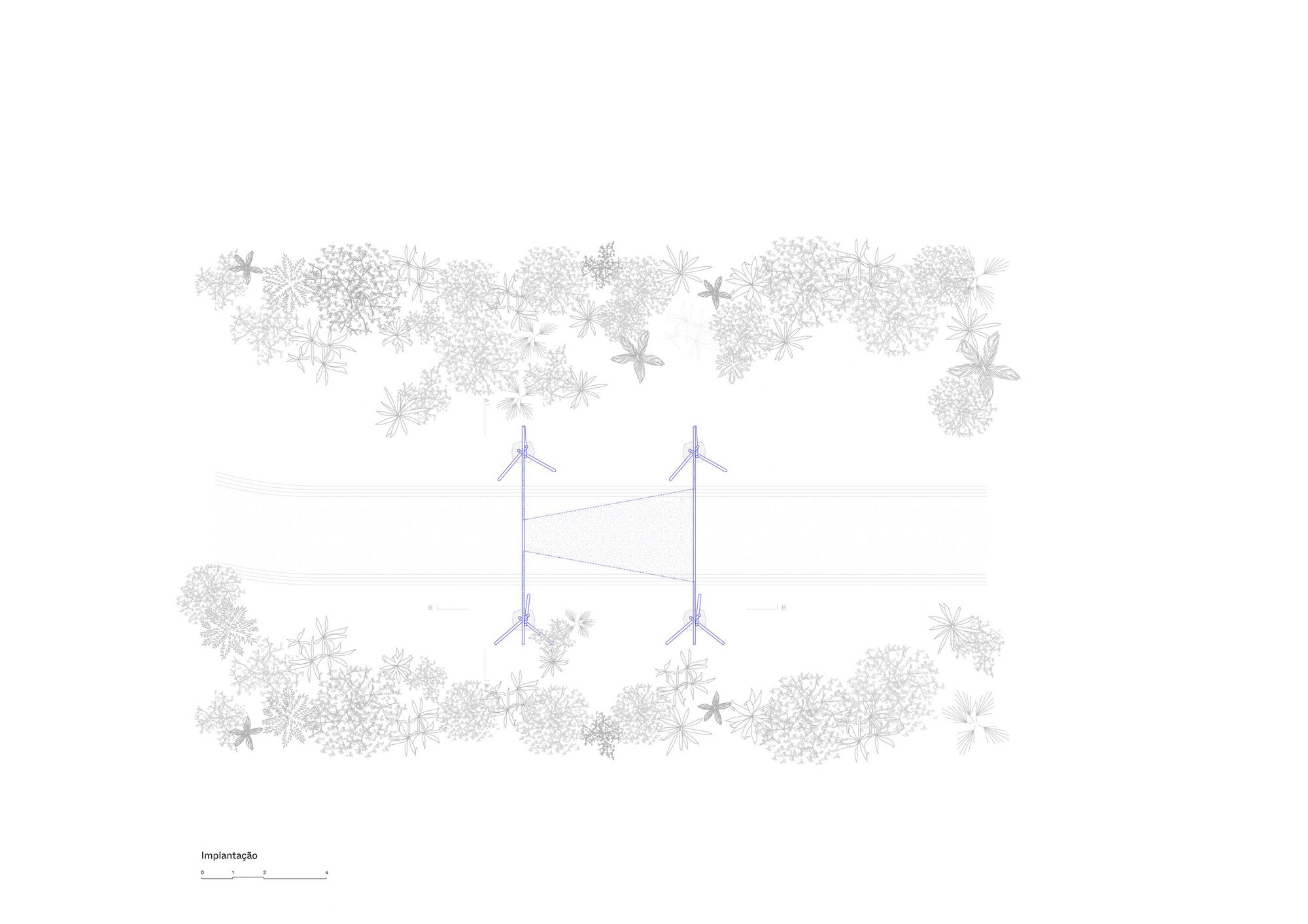 Plan drawing depicting two tripod structures connected by cables between tree canopies above and below