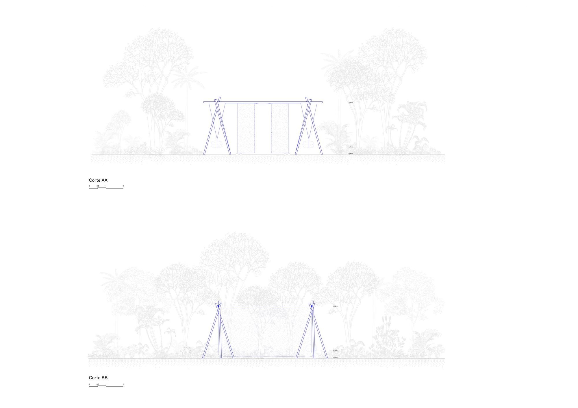 Elevation drawings showing an A-frame structure with angled timber supports and vertical infill panels surrounded by trees