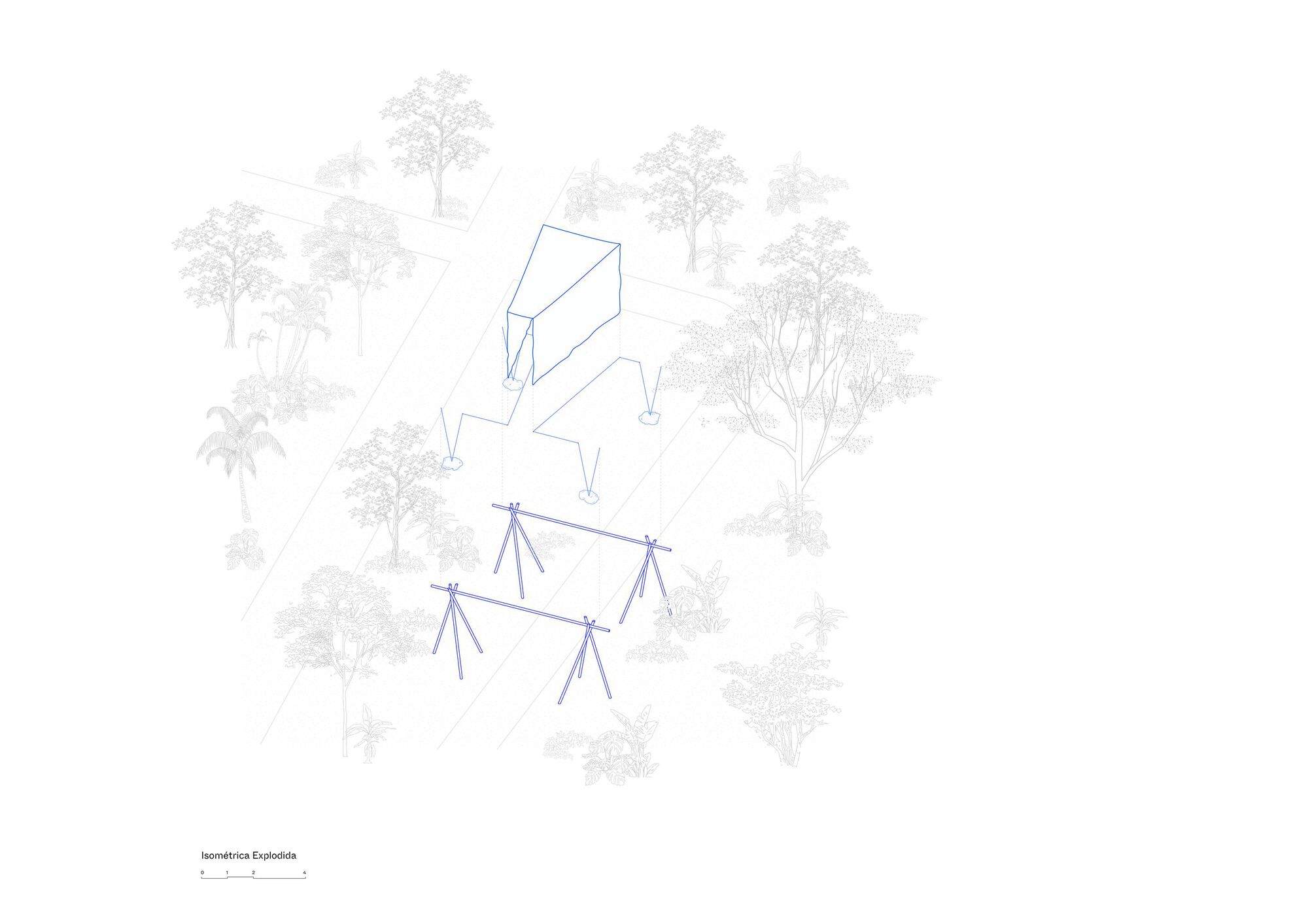 Isometric drawing showing a building volume with an A-frame canopy structure amid scattered vegetation