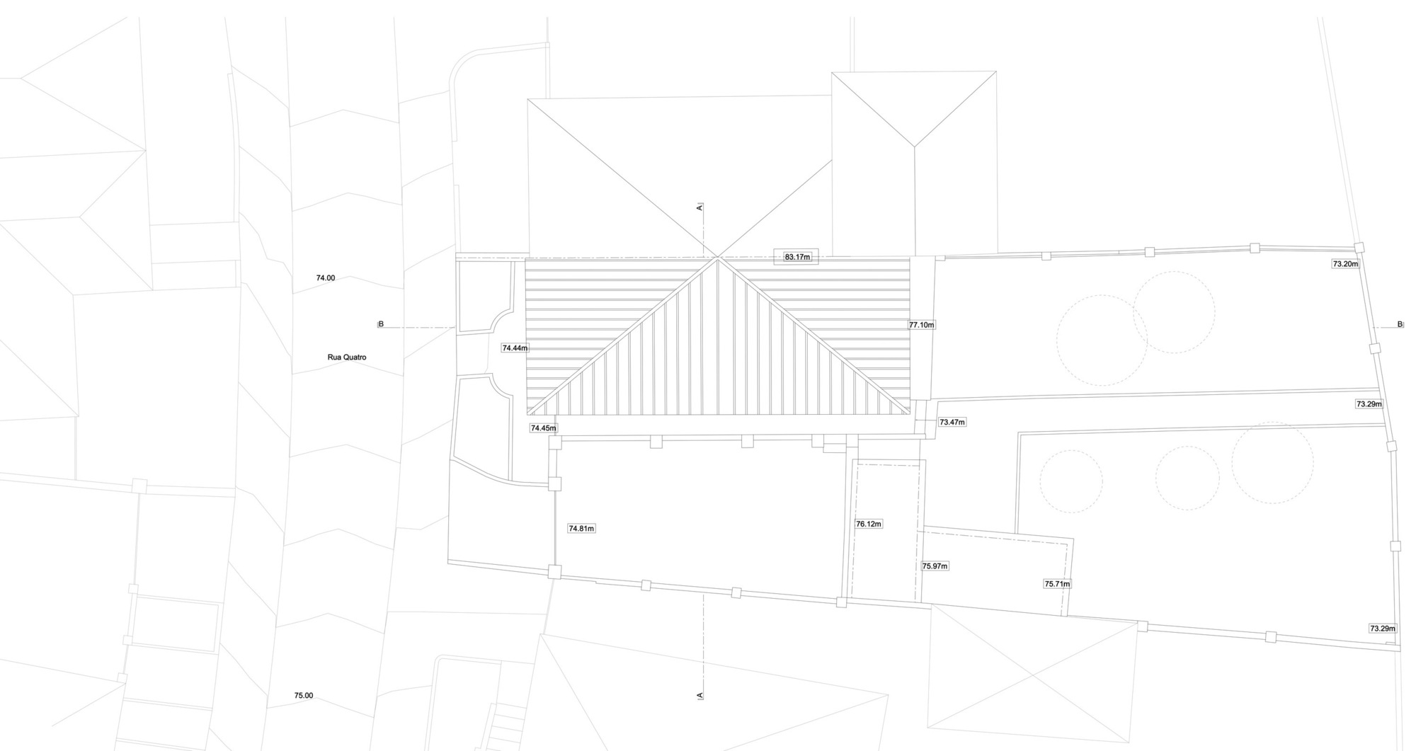 Roof plan drawing showing two gabled volumes joined by a connecting element with roof structure indicated