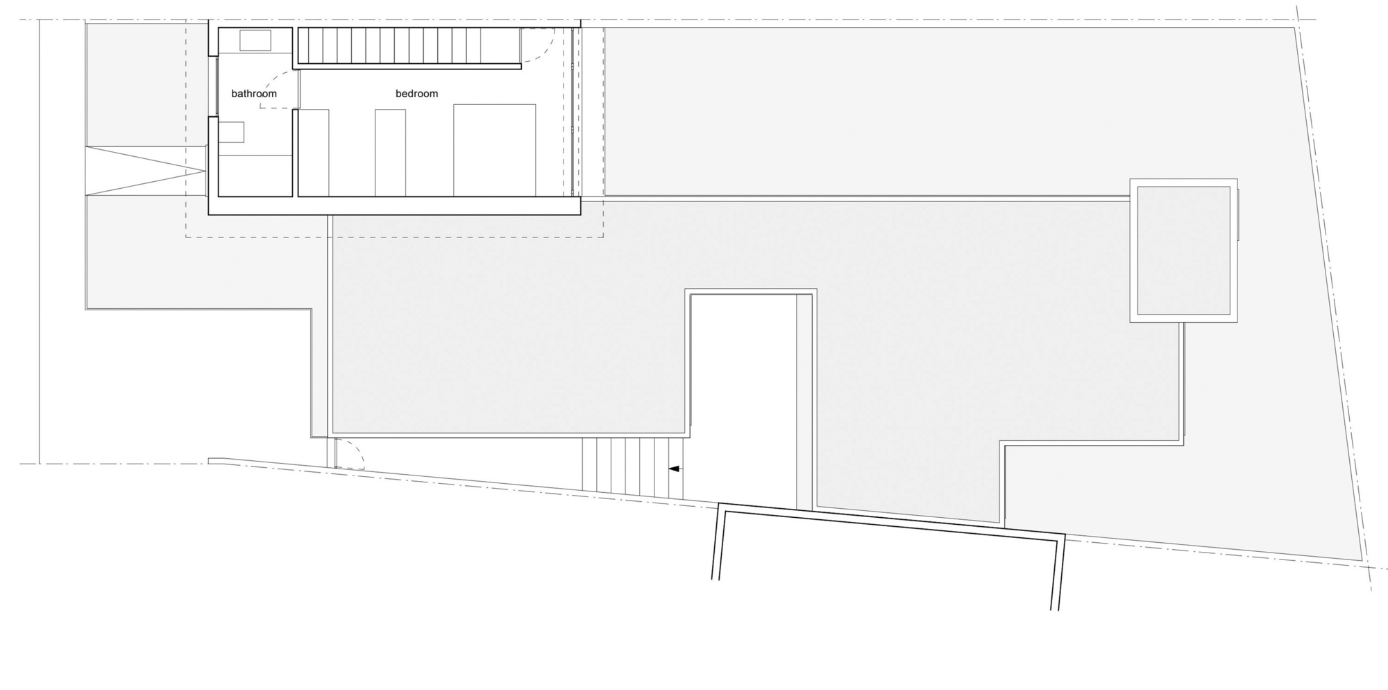 Roof plan drawing displaying terraces and upper level volumes on a sloping site