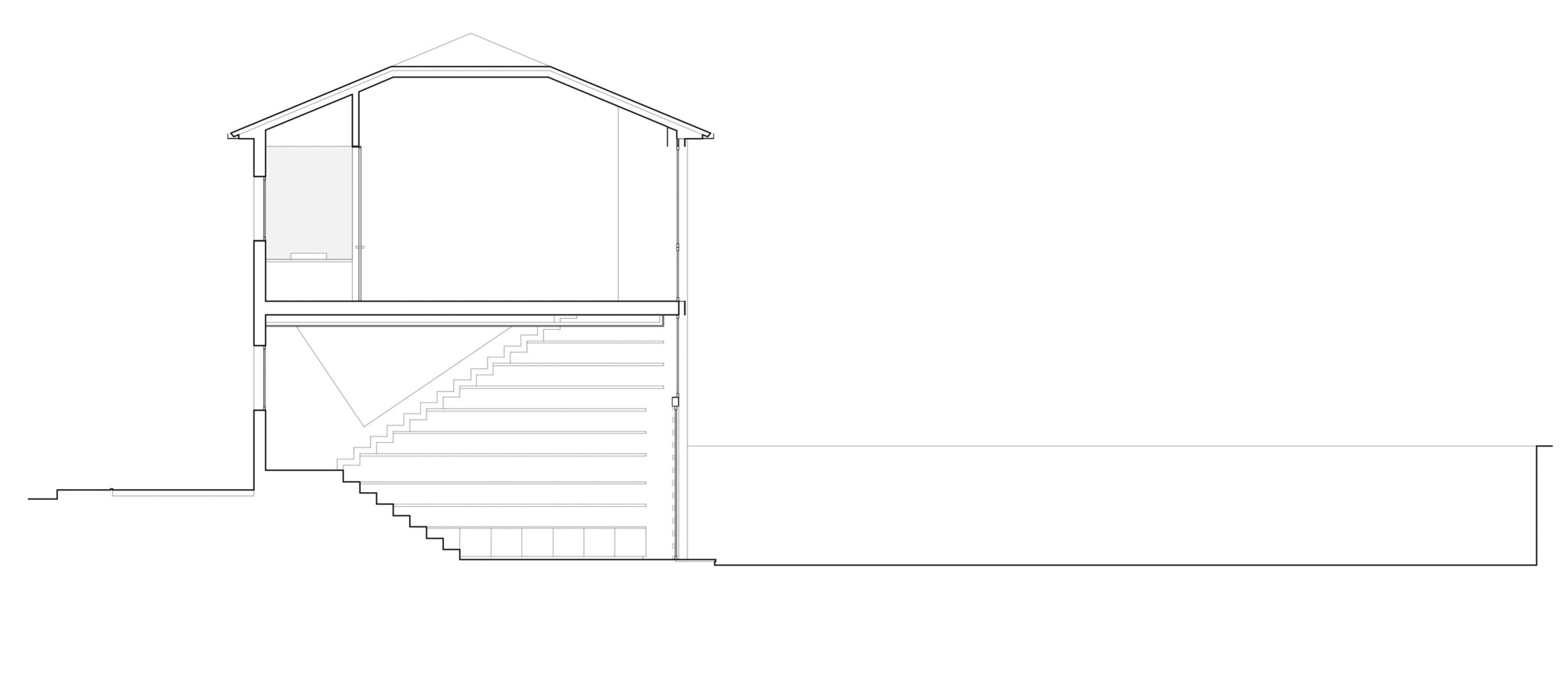 Section drawing revealing a two-story gabled volume with internal stair descending to grade