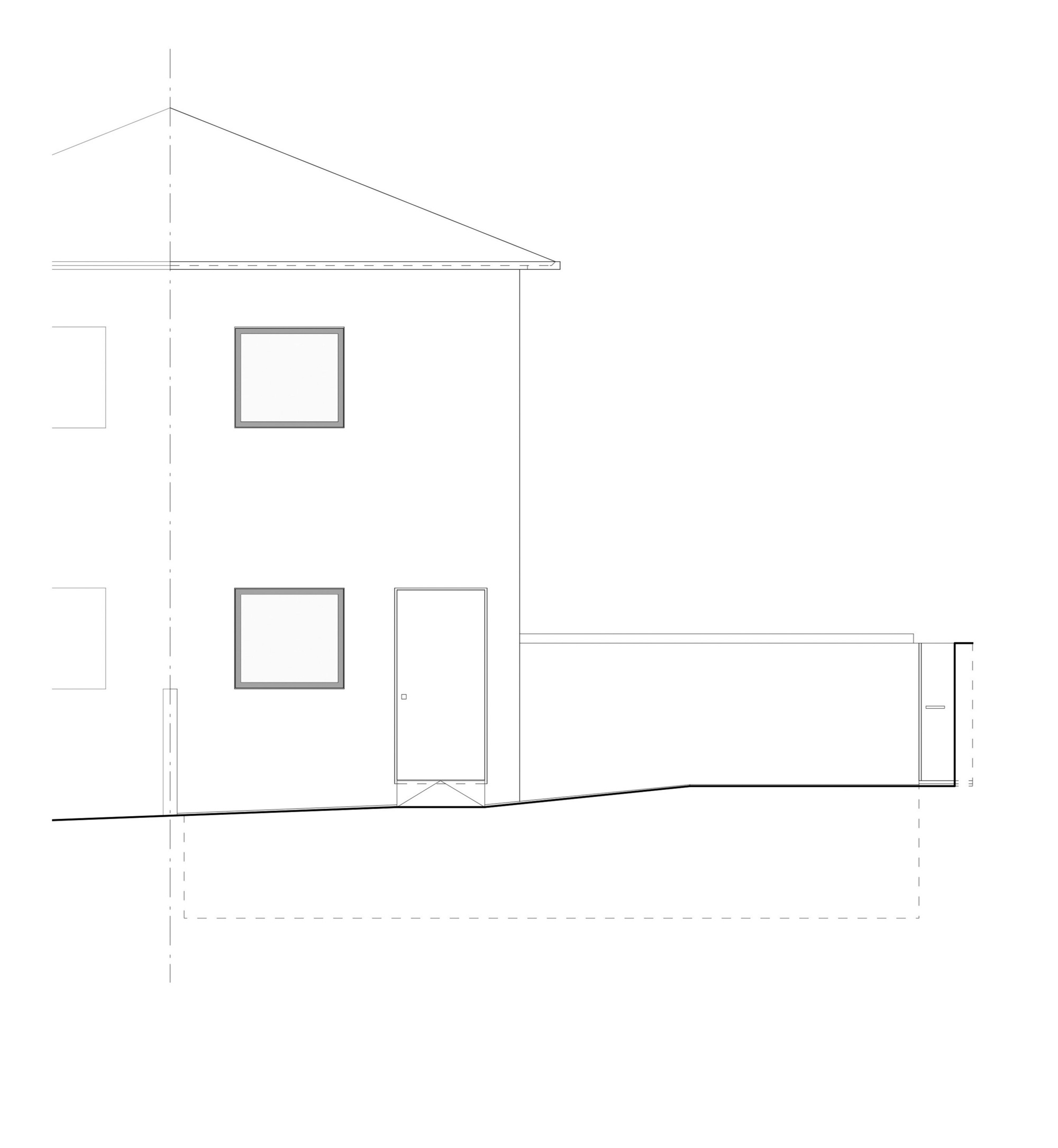 Elevation drawing showing a two-storey pitched-roof volume with a door and windows adjoining a flat-roofed extension