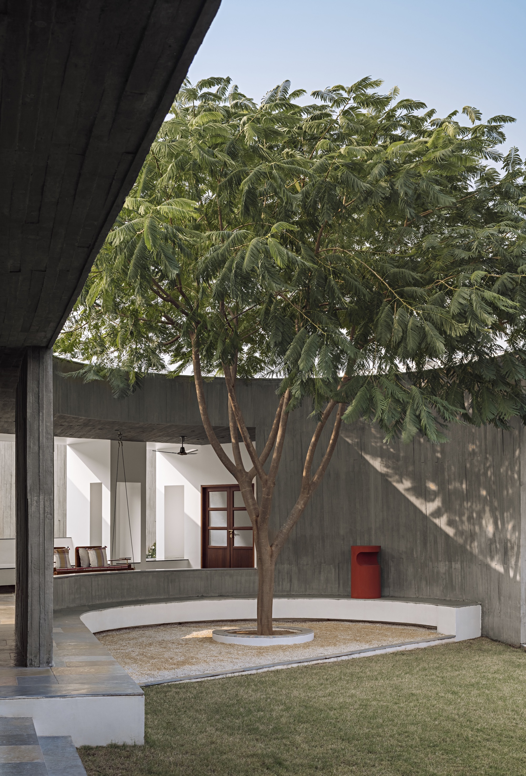 Courtyard view with a central tree in a circular planter surrounded by concrete walls and lawn
