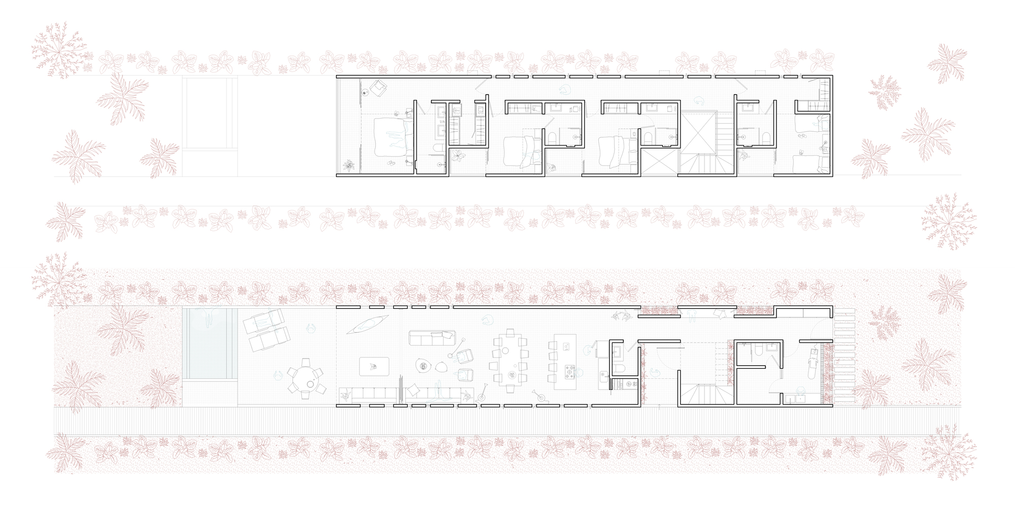 Floor plan drawings showing two levels of a linear volume with repeating room divisions