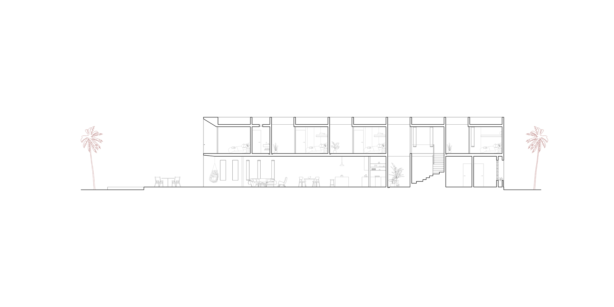 Section drawing showing a two-story volume with clerestory windows and palm trees flanking the exterior