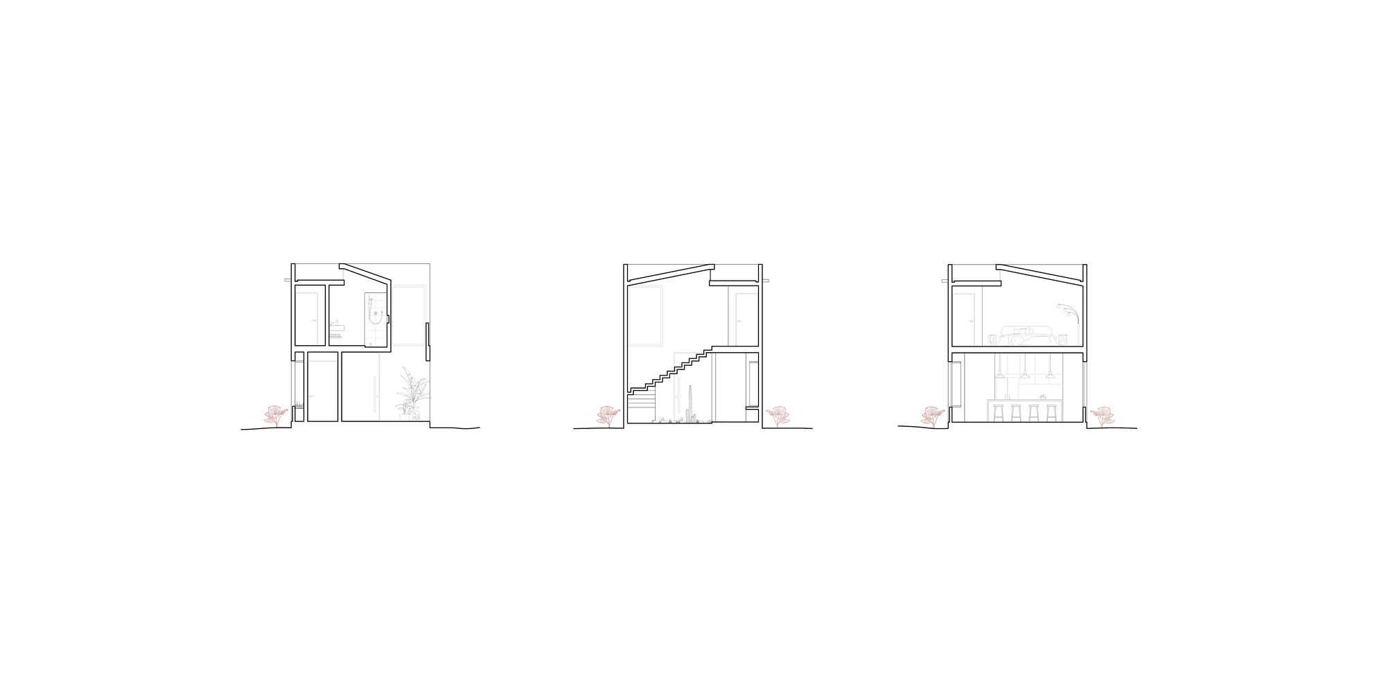 Section drawings showing three variations of the interior spatial organization with stairs and vertical circulation