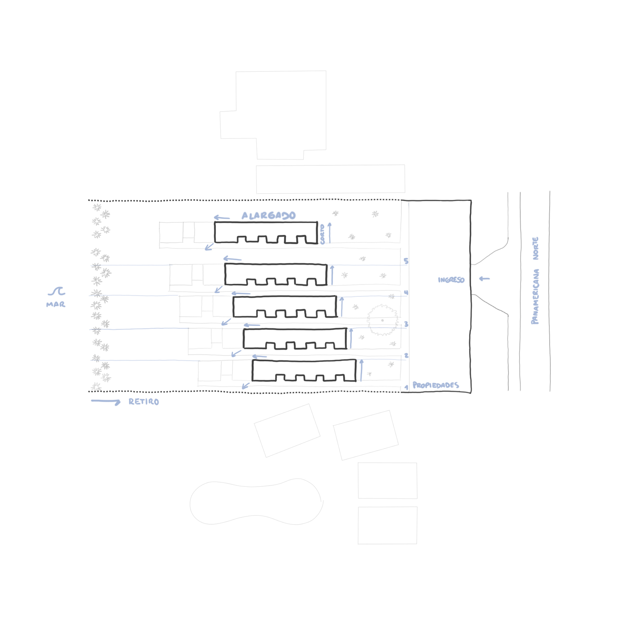 Site plan drawing showing five parallel linear structures aligned between a promenade and waterfront