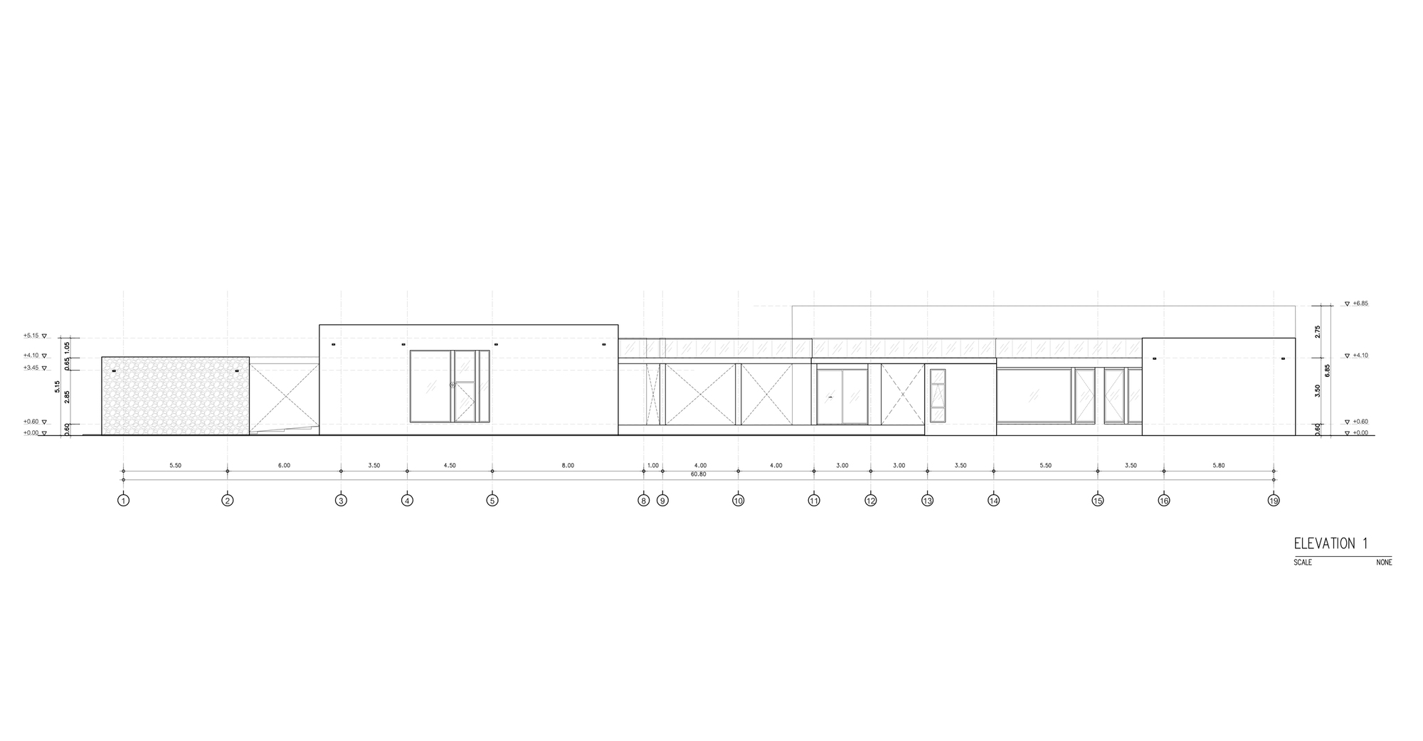 Elevation drawing showing a horizontal facade with varying window openings and material zones