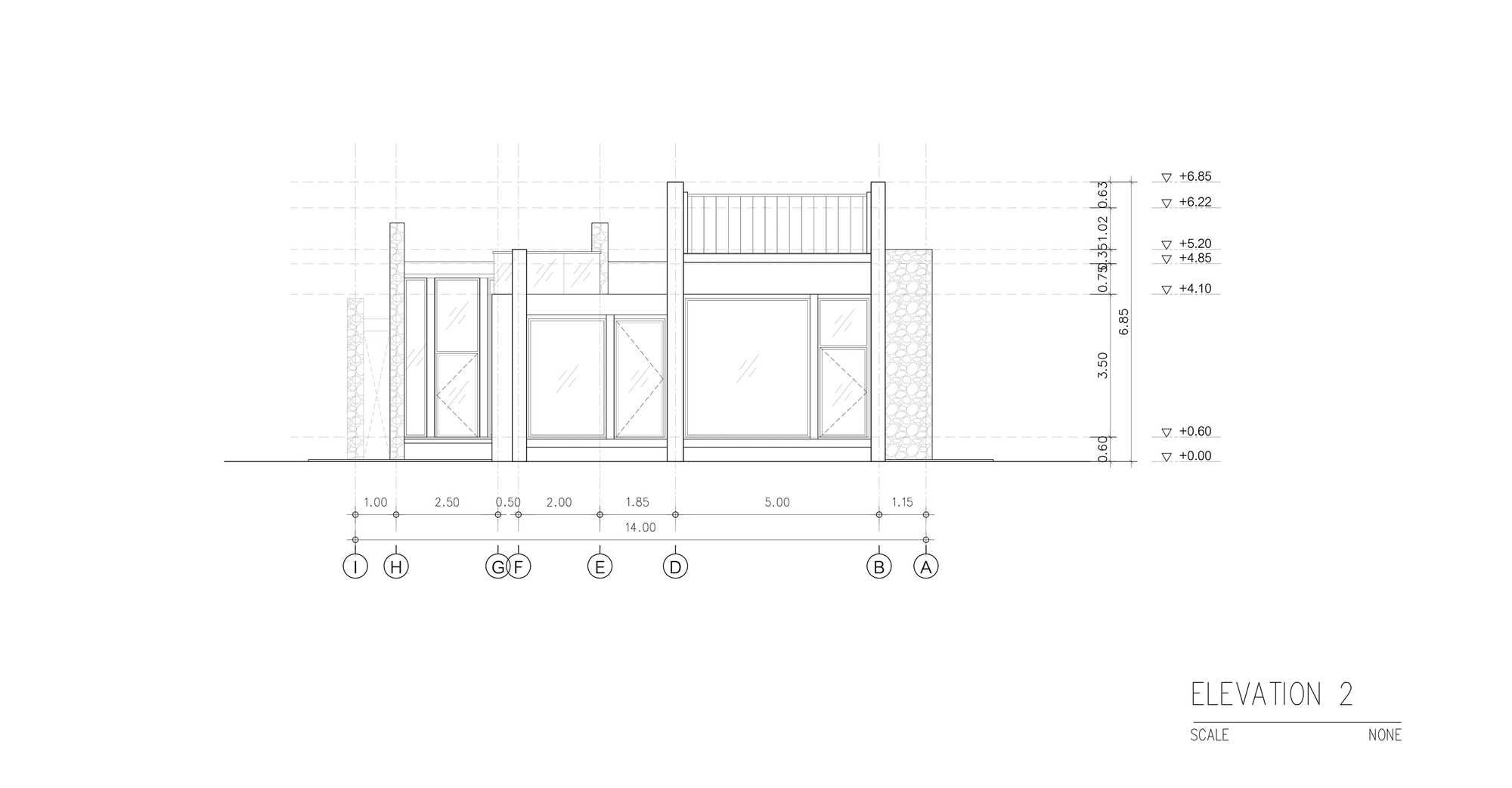 Elevation drawing depicting a section with columns, openings, and a raised roof element