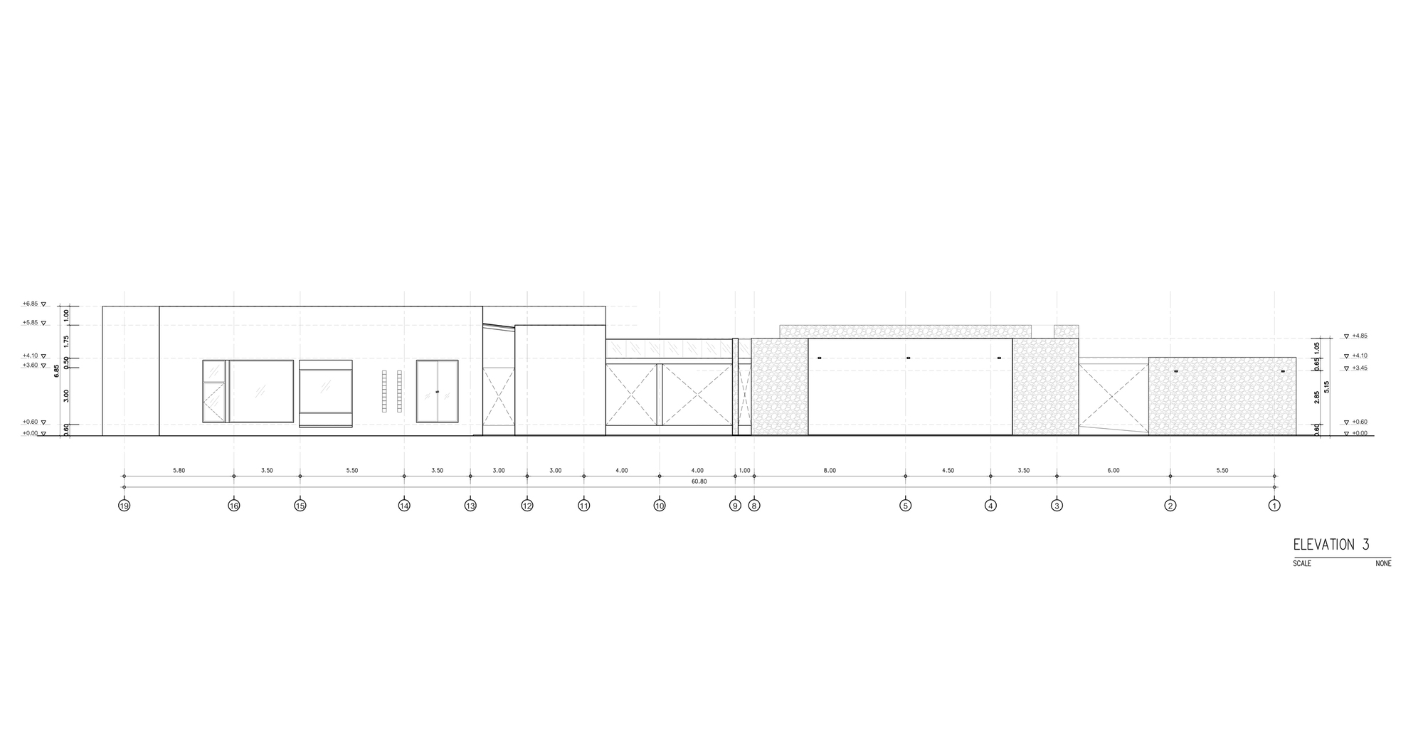 Elevation drawing showing a long horizontal facade with varied fenestration and textured wall sections