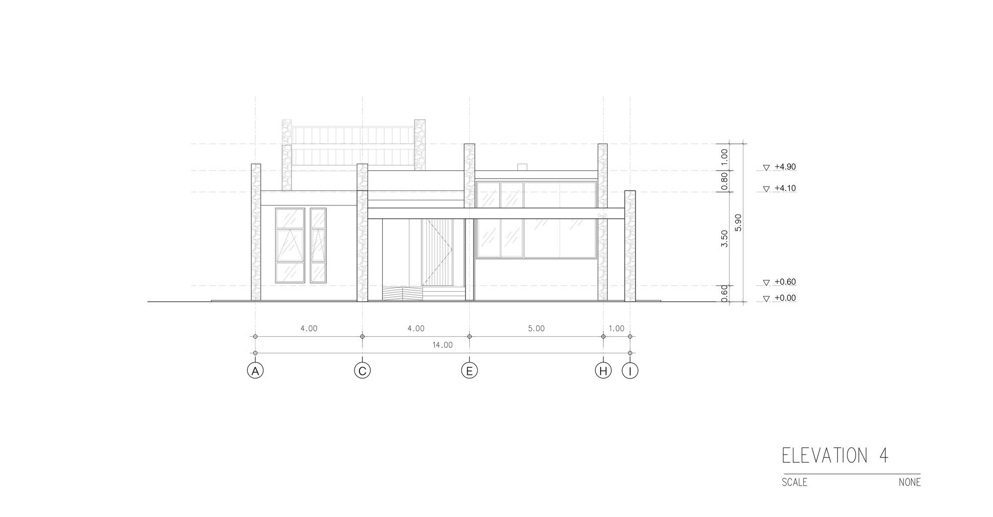 Elevation drawing depicting a low-rise structure with exposed timber framing and clerestory windows