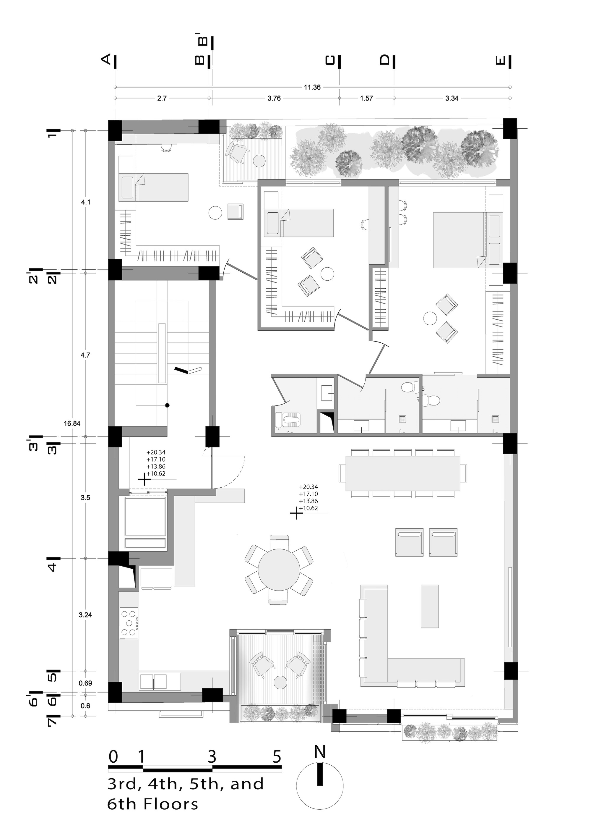 Upper floor plan showing bedroom suites with terrace garden and open living spaces