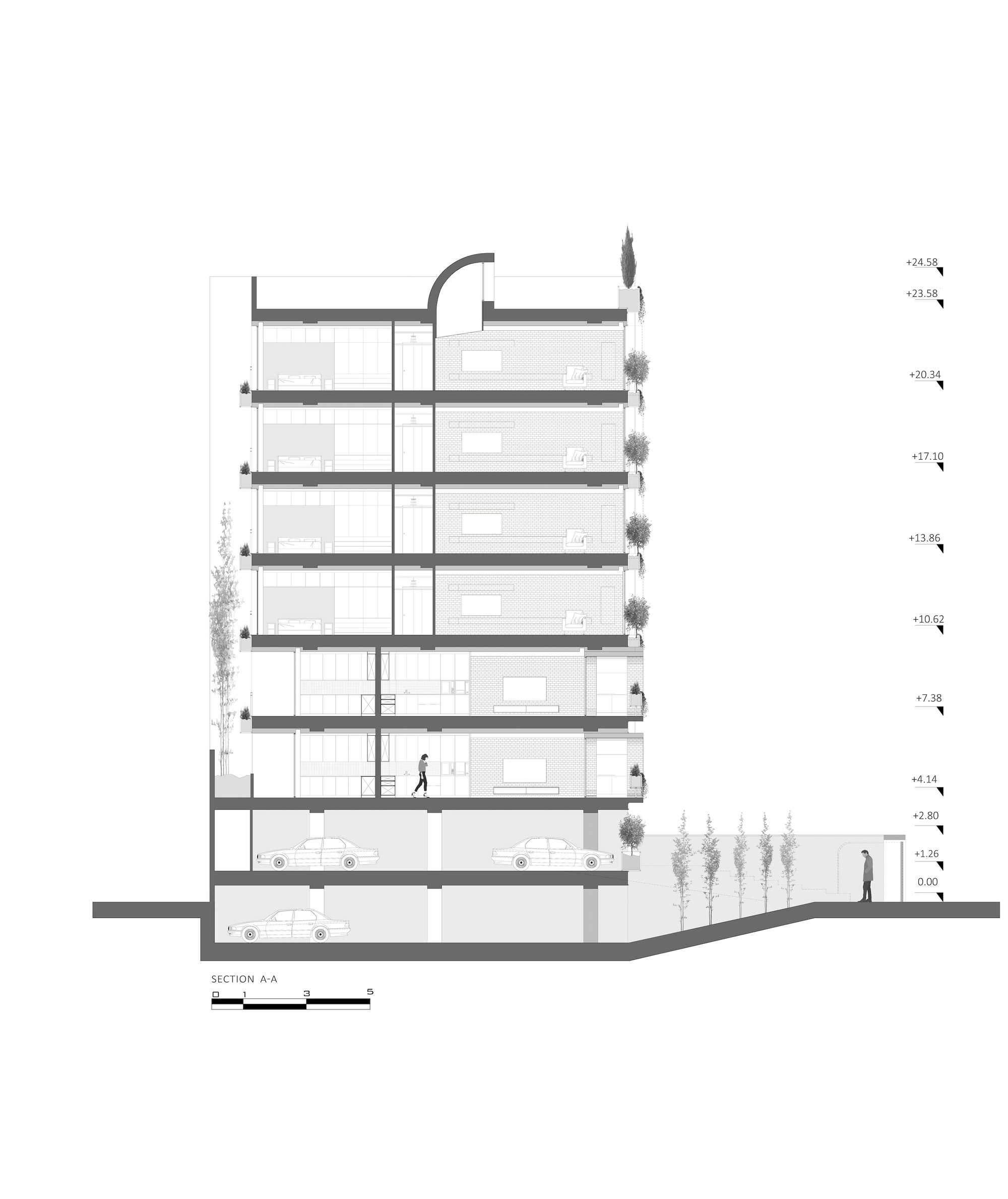 Building section drawing showing six residential floors above basement parking with trees flanking both sides